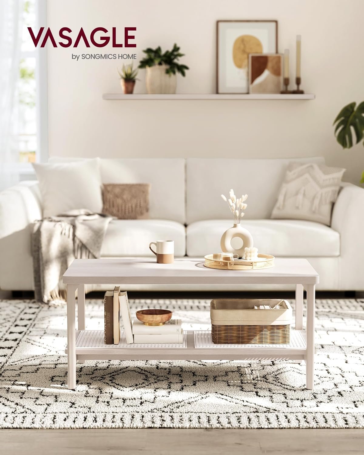 Măsuță de cafea Vasagle LCT240K66 – MDF, cu depozitare pe 2 nivele, stil boho, bej - imagine 4