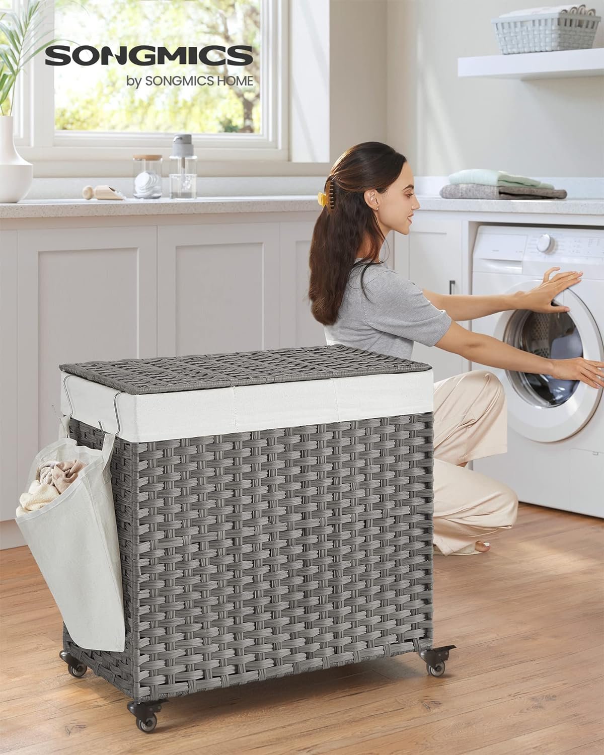 Coș de rufe Songmics LCB363G01 – 3 compartimente, ratan, 140 litri, gri - imagine 2