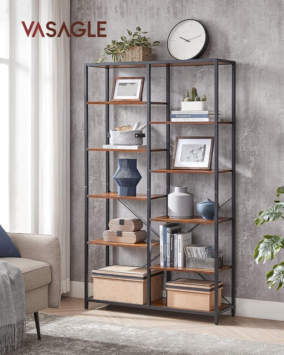 Bibliotecă Vasagle LLS155B01 – 5 etaje, 10 compartimente, stil industrial, 30 × 100 × 170 cm - imagine 2