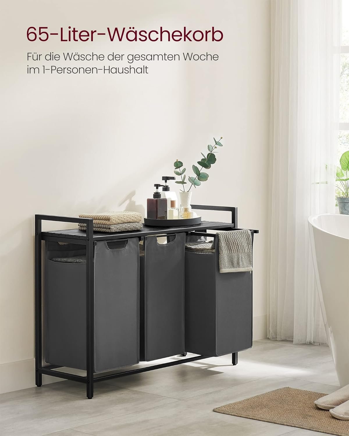 Coș de rufe Vasagle BLH301G01 – 3 compartimente, saci detașabili, raft, negru - imagine 3