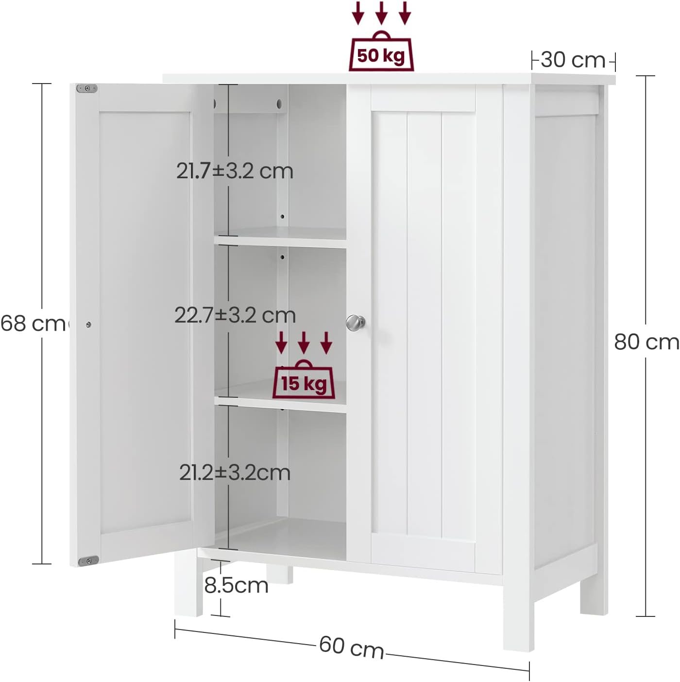Dulap de baie Vasagle BCB60W – de podea, 2 rafturi reglabile, alb, 30 × 60 × 80 cm - imagine 3