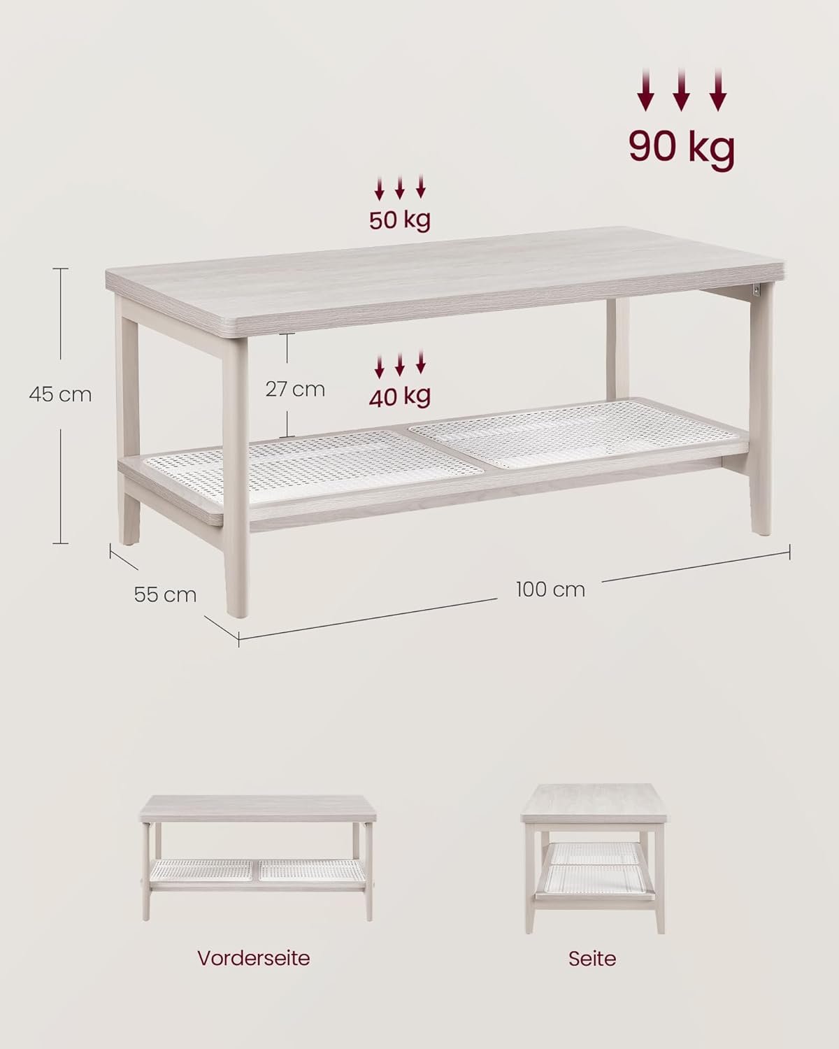 Măsuță de cafea Vasagle LCT240K66 – MDF, cu depozitare pe 2 nivele, stil boho, bej - imagine 6