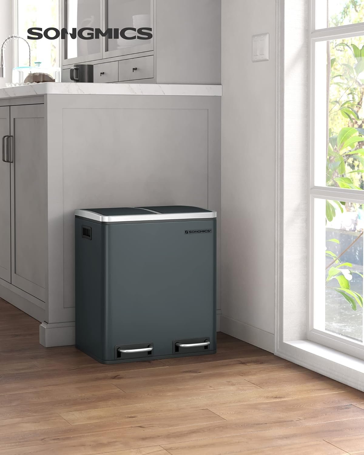 Coș de gunoi Songmics LTB30GS – inox, 2 compartimente de 15 L pentru colectare selectivă, gri - imagine 3
