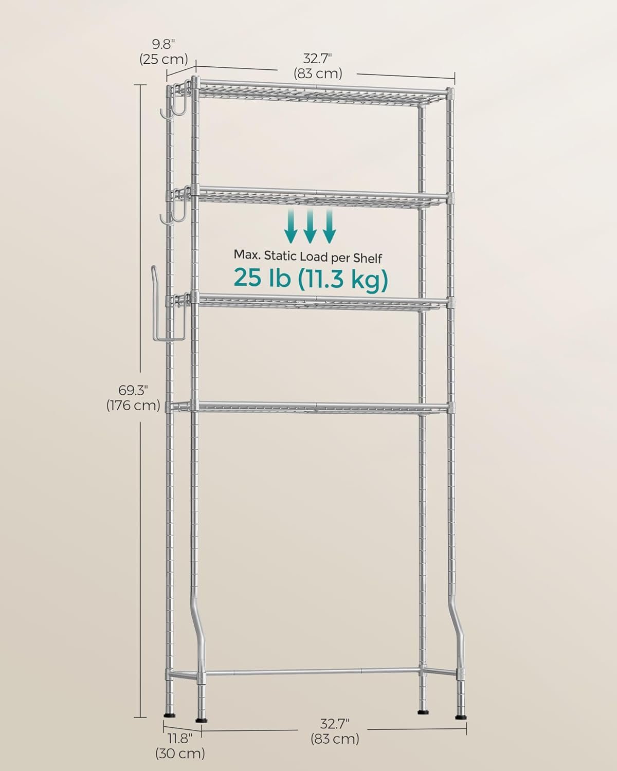 Raft de baie Songmics BTS023G01 – 4 niveluri, peste WC sau mașină de spălat, argintiu - imagine 3