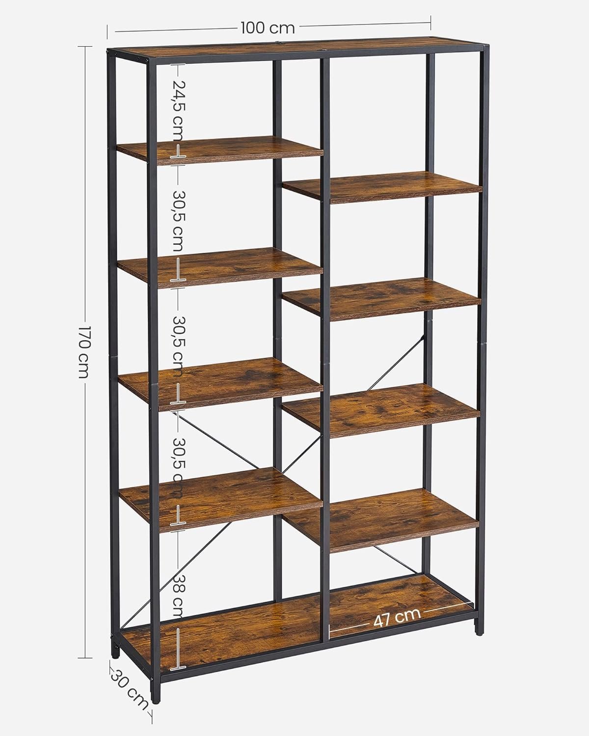 Bibliotecă Vasagle LLS155B01 – 5 etaje, 10 compartimente, stil industrial, 30 × 100 × 170 cm - imagine 3