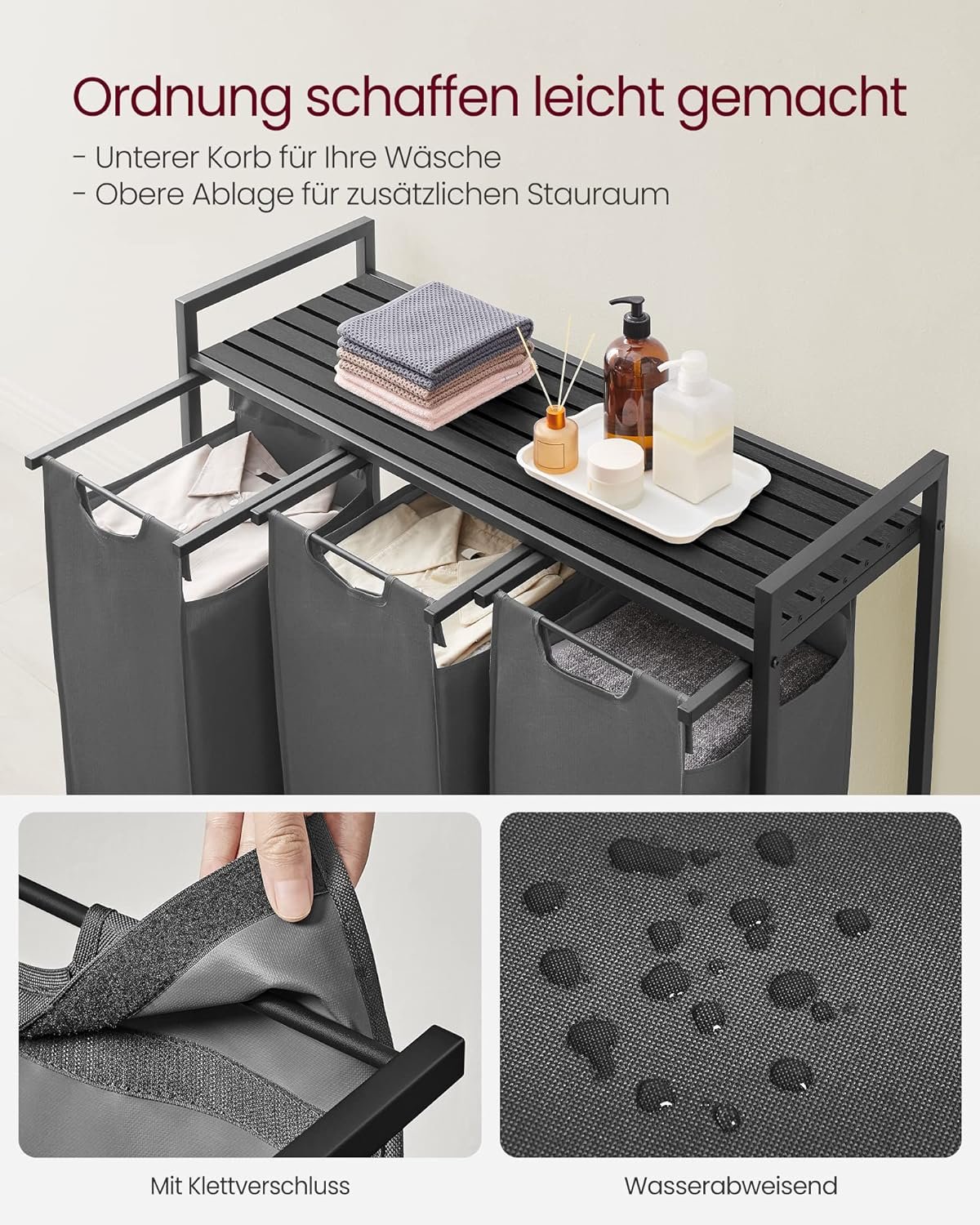 Coș de rufe Vasagle BLH301G01 – 3 compartimente, saci detașabili, raft, negru - imagine 4