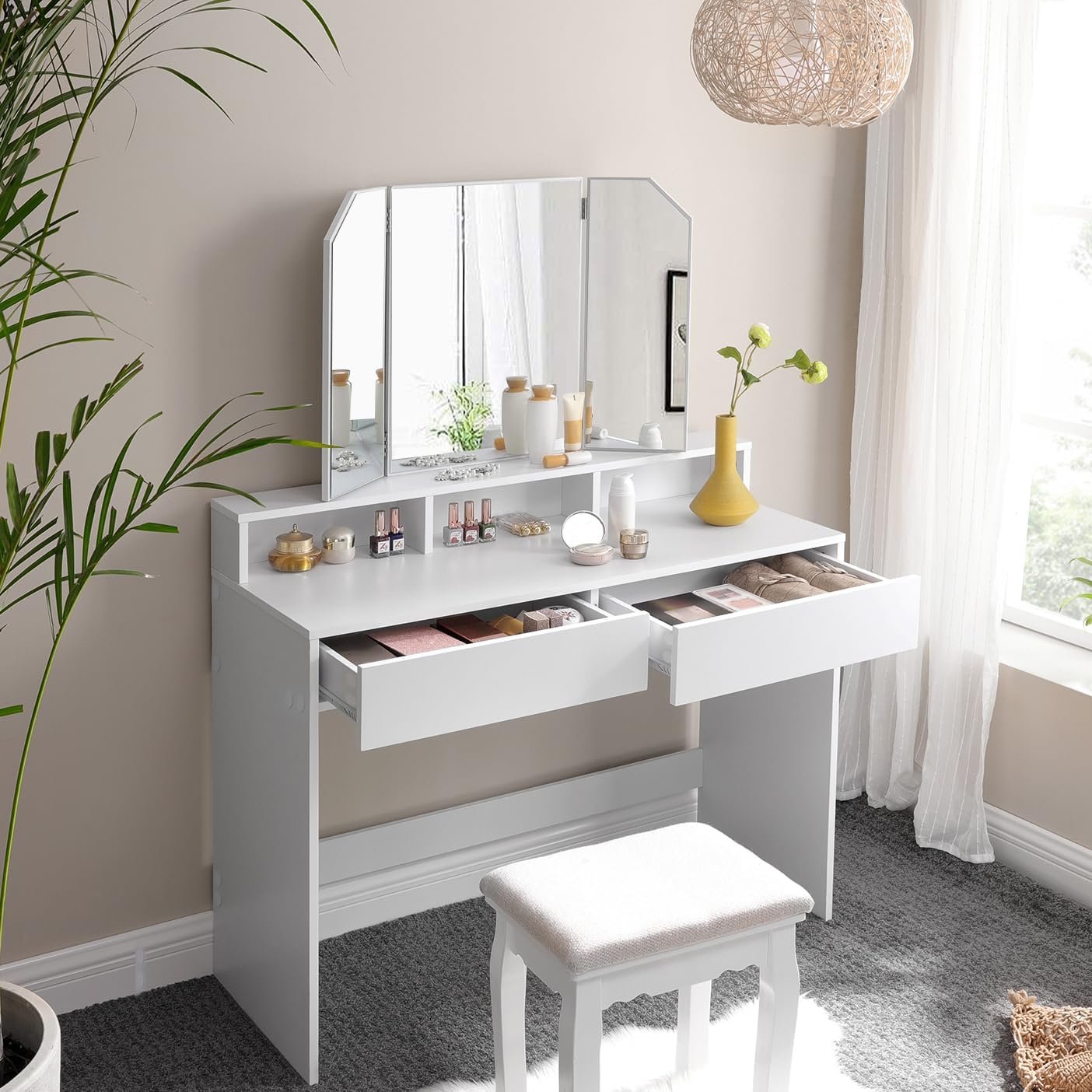 Masă de toaletă Vasagle RDT115W01 – oglindă rabatabilă, 2 sertare, 3 compartimente, albă - imagine 4