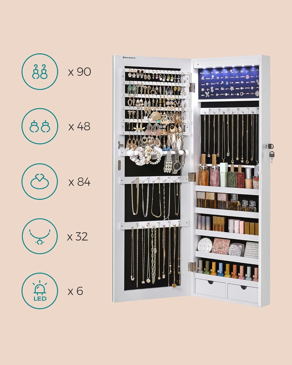 Dulap pentru bijuterii Songmics JJC99WT – oglindă, 6 LED-uri, de perete, alb - imagine 5