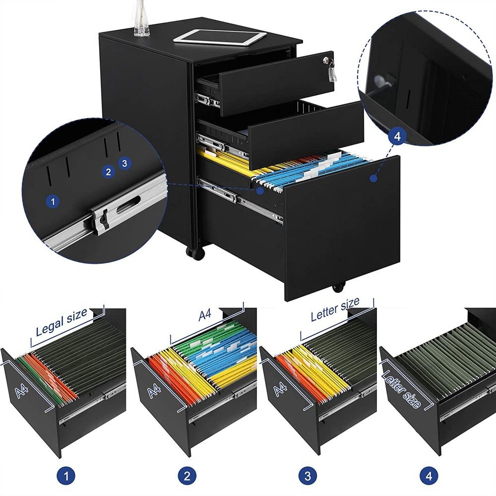 Dulap mobil rollbox Songmics OFC60BK – din oțel, 3 sertare, încuietoare, negru - imagine 4