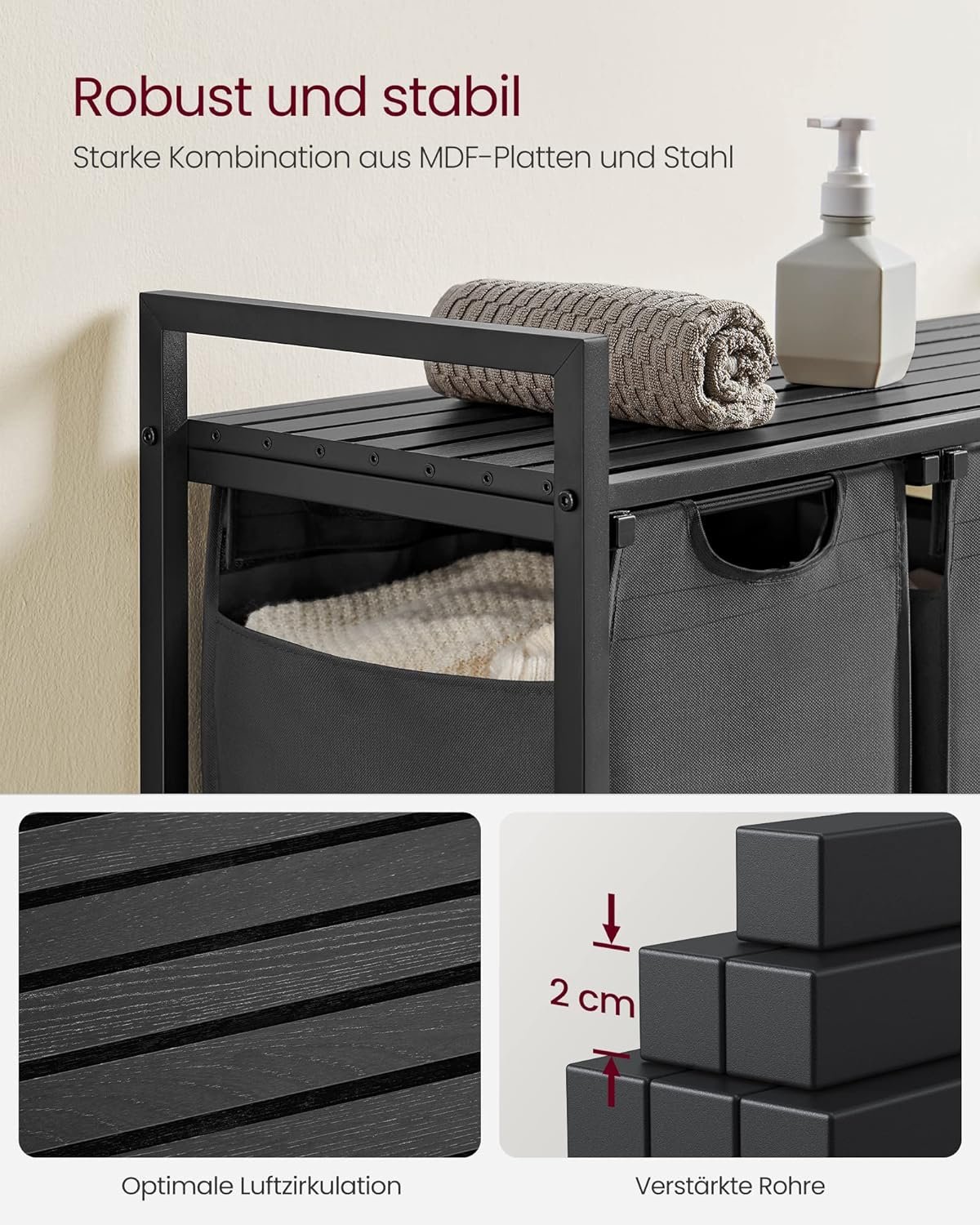 Coș de rufe Vasagle BLH301G01 – 3 compartimente, saci detașabili, raft, negru - imagine 5