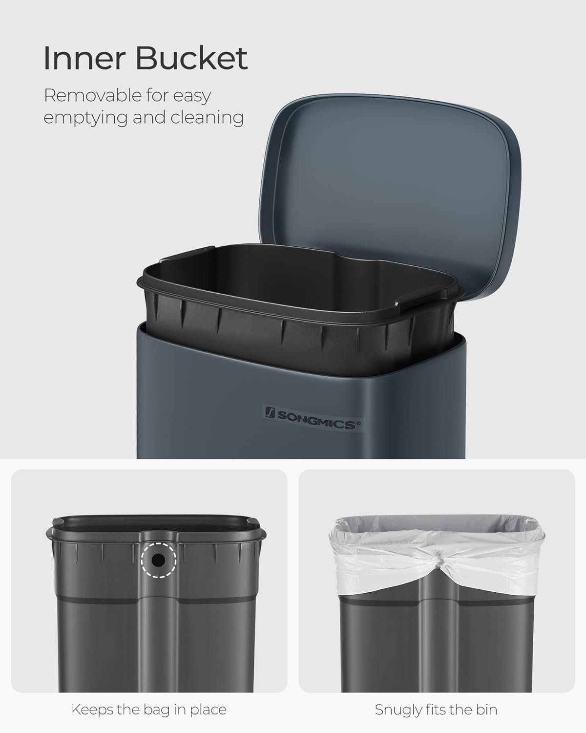 Coș de gunoi Songmics LTB03GS – 30 L, pedală, capac cu închidere lentă, oțel, gri închis - imagine 5