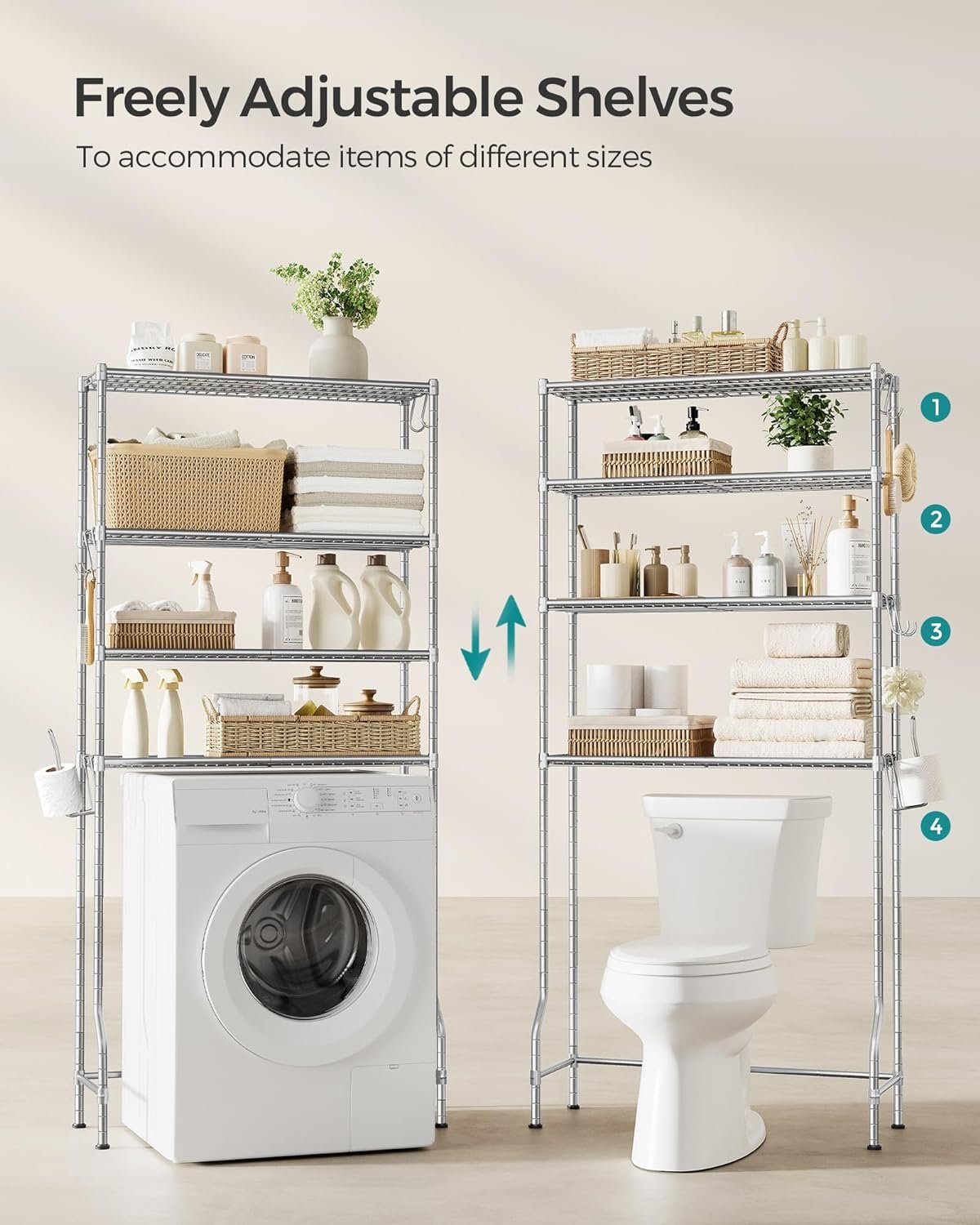 Raft de baie Songmics BTS023G01 – 4 niveluri, peste WC sau mașină de spălat, argintiu - imagine 5