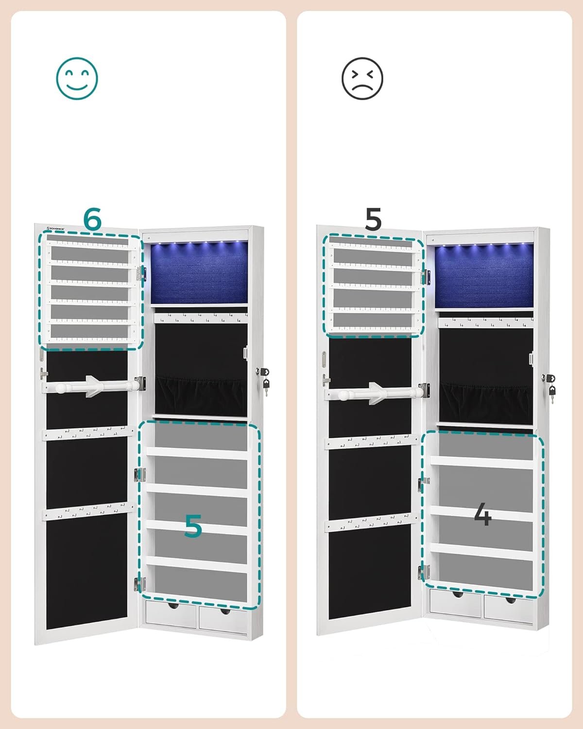 Dulap pentru bijuterii Songmics JJC99WT – oglindă, 6 LED-uri, de perete, alb - imagine 6