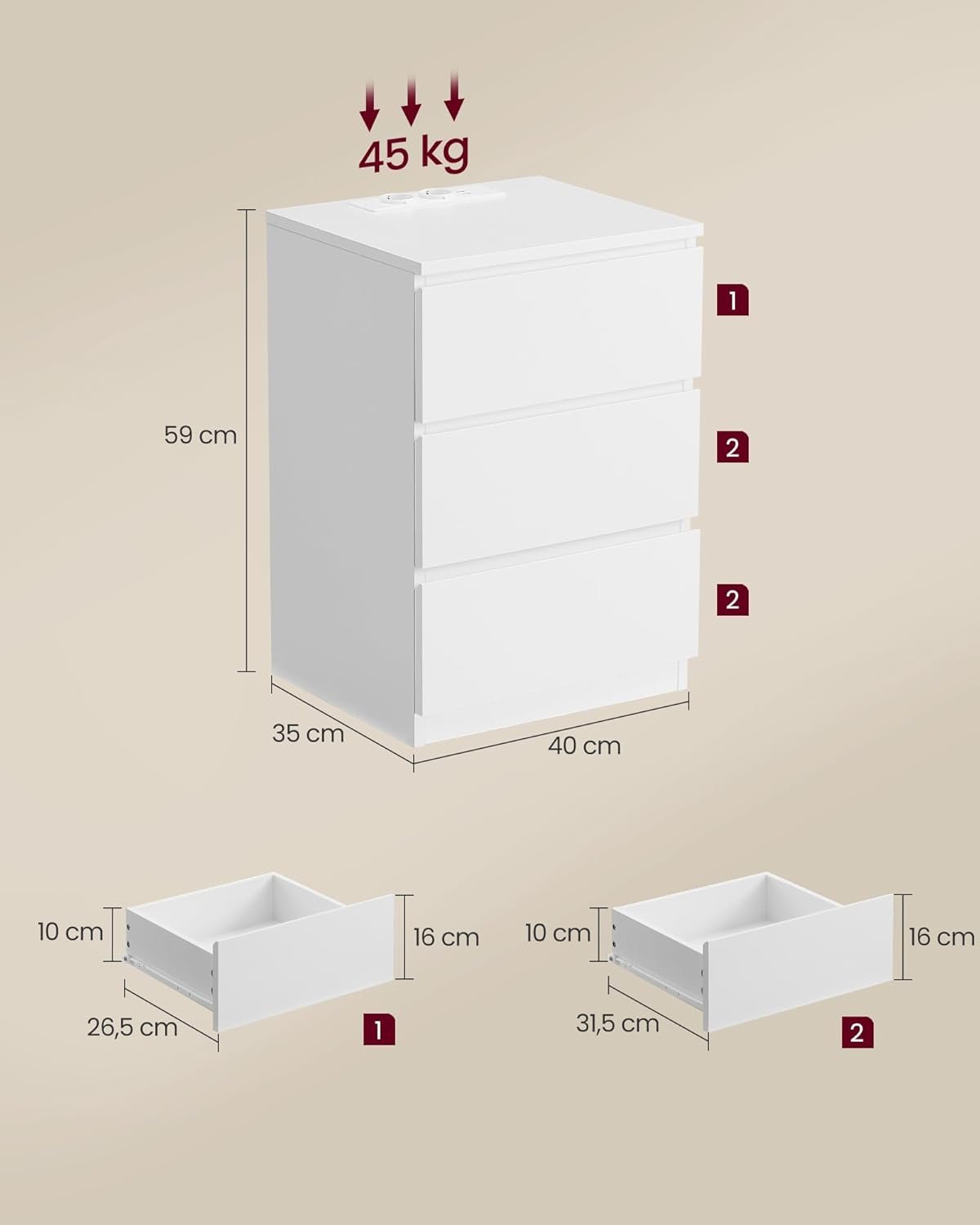 Noptieră Vasagle LET631W14V1 – 3 sertare, 2 prize și 2 porturi USB, albă - imagine 2
