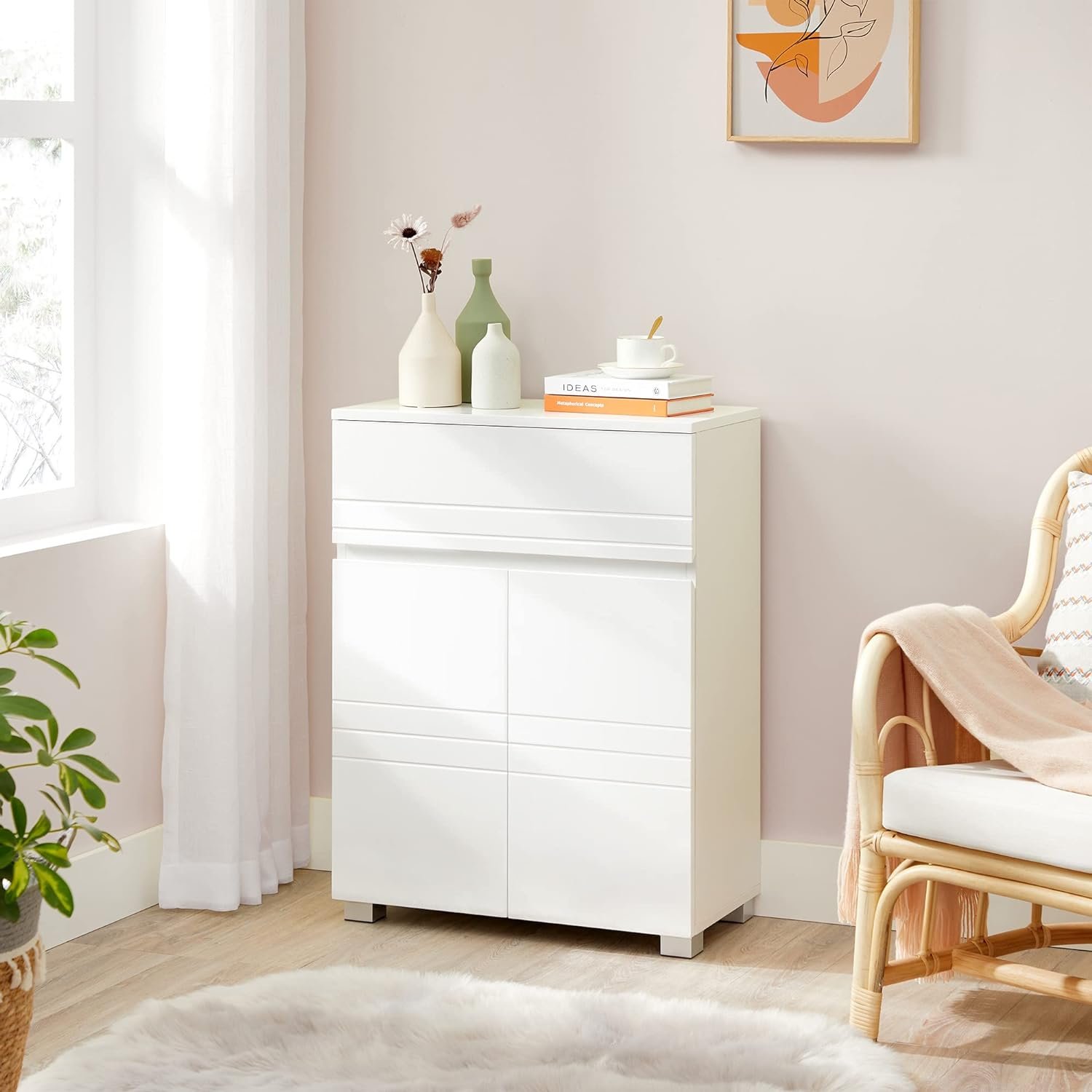 Dulap baie de podea Vasagle BBK140W01 – sertar, ușă dublă, poliță reglabilă, alb - imagine 6