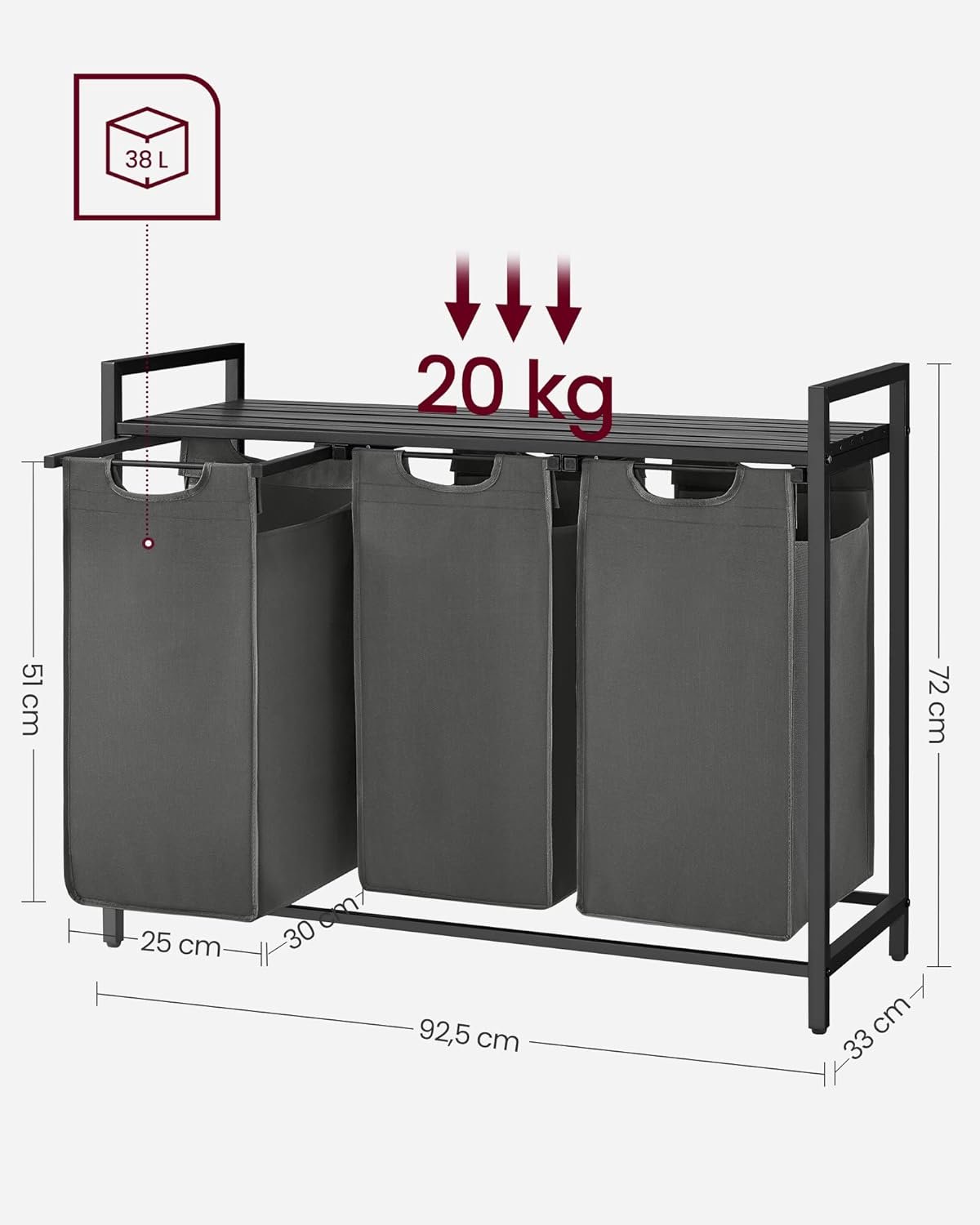 Coș de rufe Vasagle BLH301G01 – 3 compartimente, saci detașabili, raft, negru - imagine 6