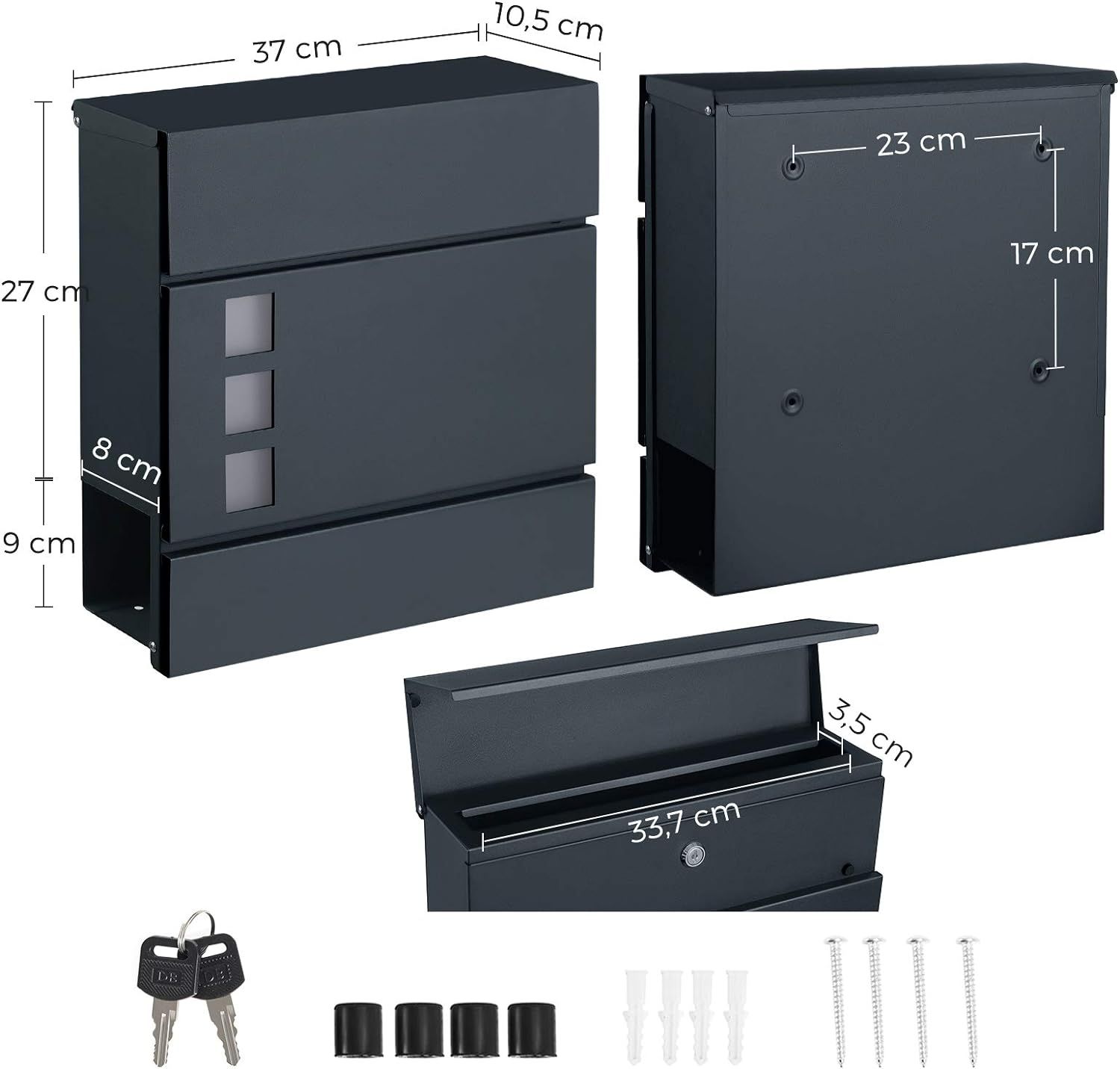 Cutie poștală de exterior Songmics GMB052G01 – pentru gard sau perete, oțel zincat, cu încuietoare, gri - imagine 6