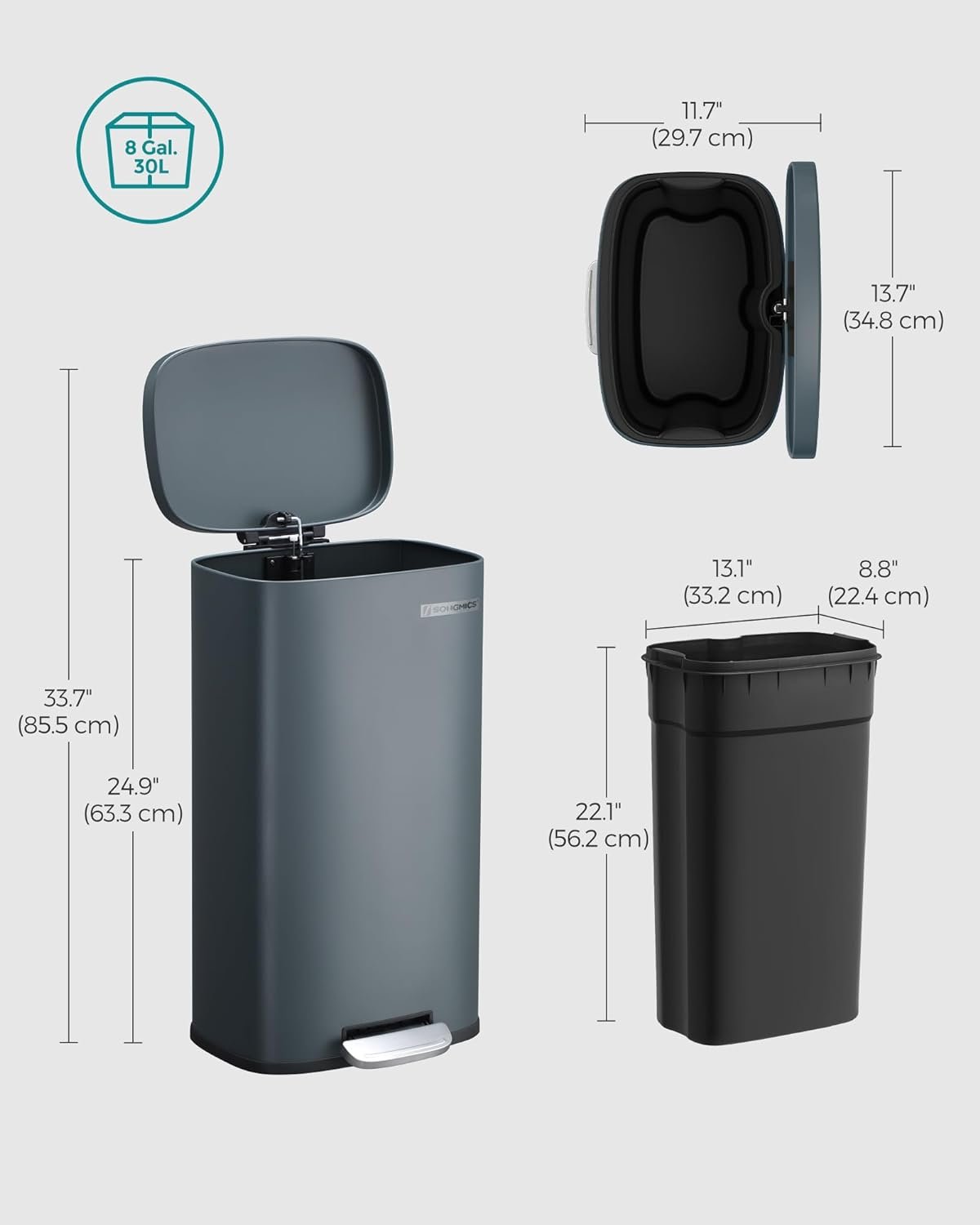 Coș de gunoi Songmics LTB03GS – 30 L, pedală, capac cu închidere lentă, oțel, gri închis - imagine 6
