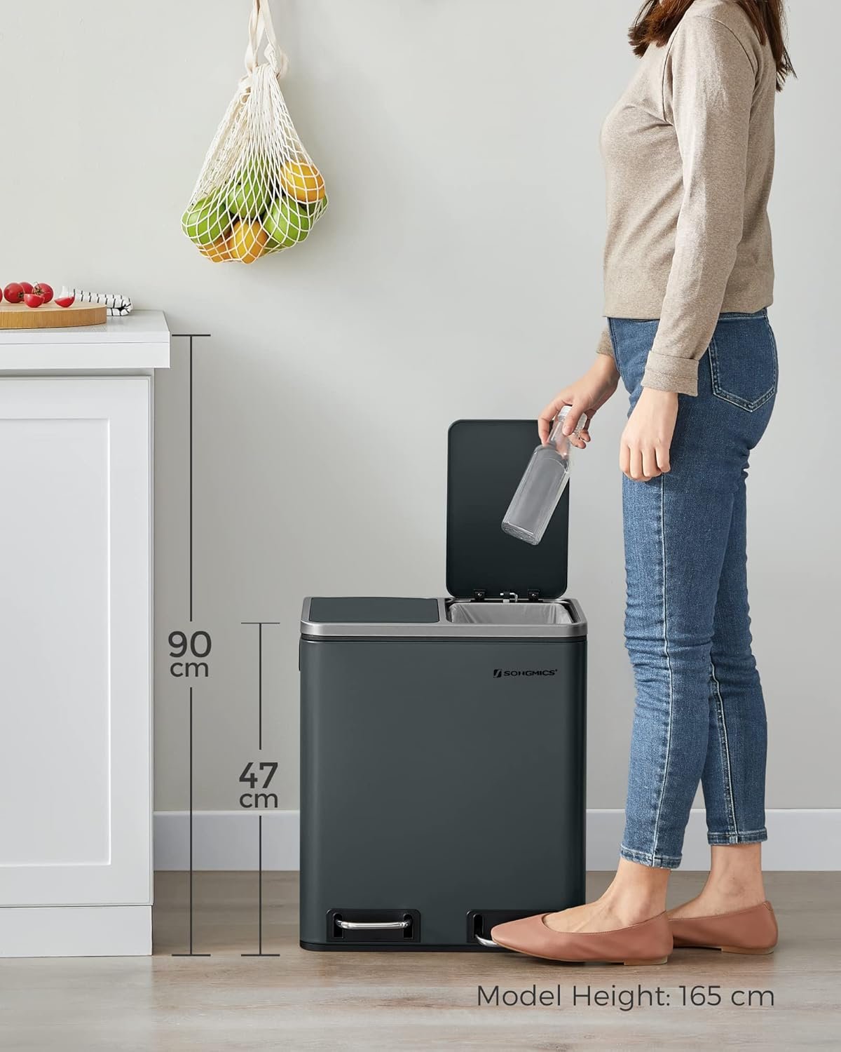 Coș de gunoi Songmics LTB30GS – inox, 2 compartimente de 15 L pentru colectare selectivă, gri - imagine 6