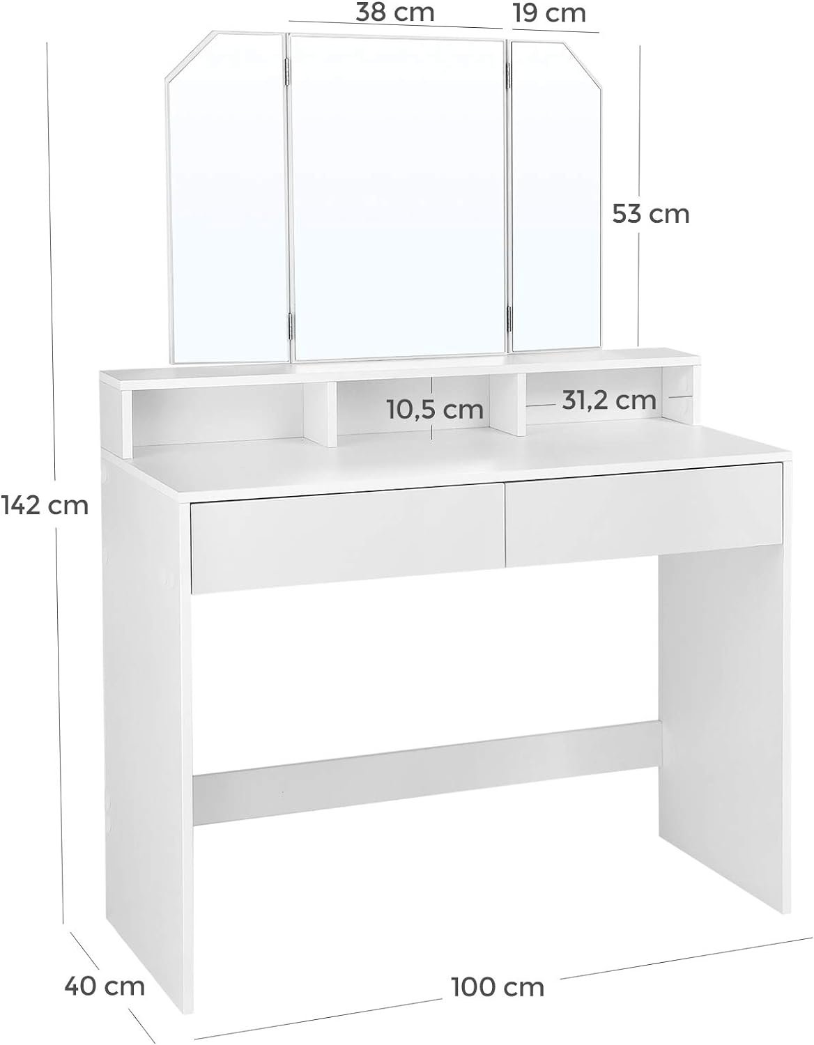Masă de toaletă Vasagle RDT115W01 – oglindă rabatabilă, 2 sertare, 3 compartimente, albă - imagine 6