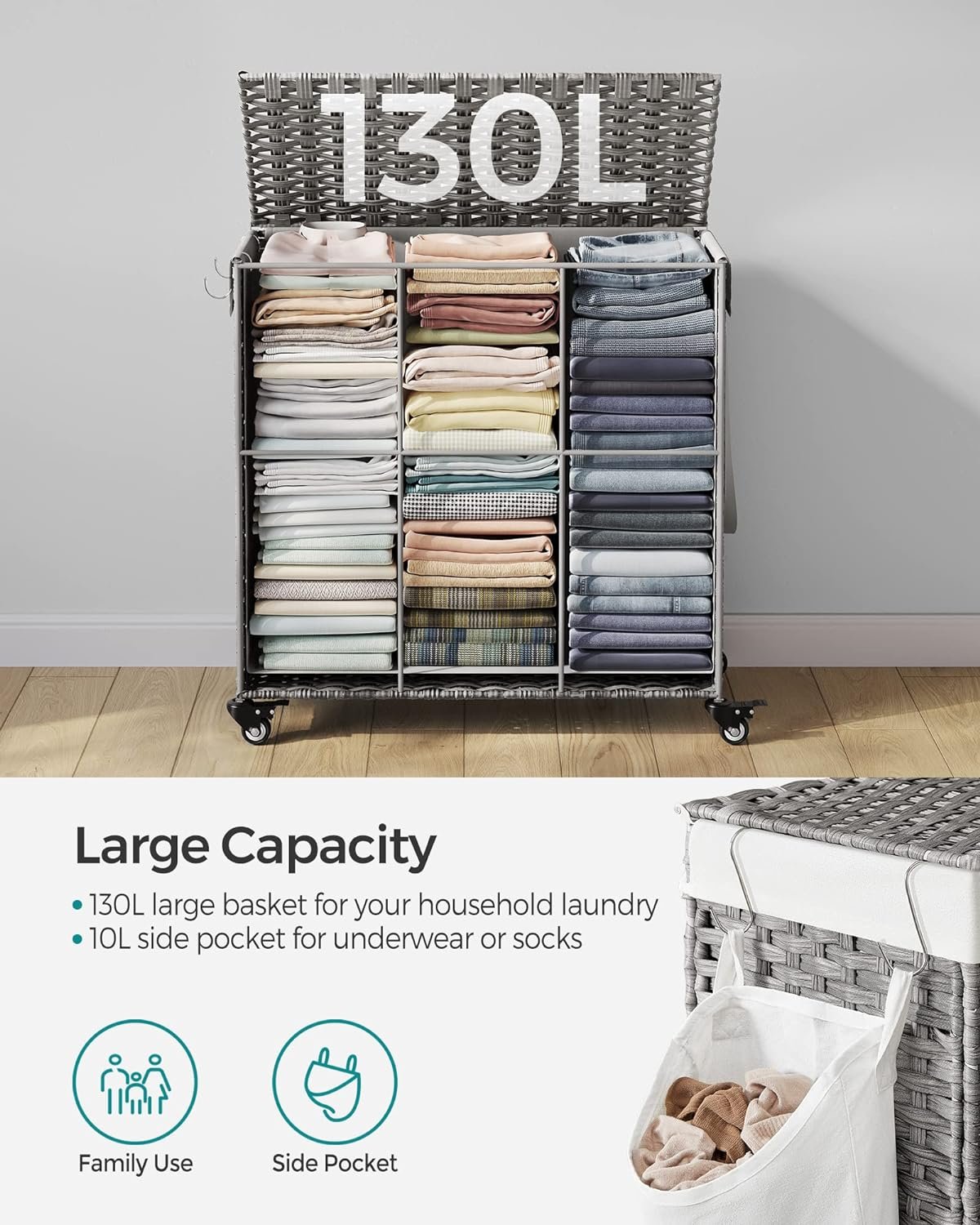 Coș de rufe Songmics LCB363G01 – 3 compartimente, ratan, 140 litri, gri - imagine 6