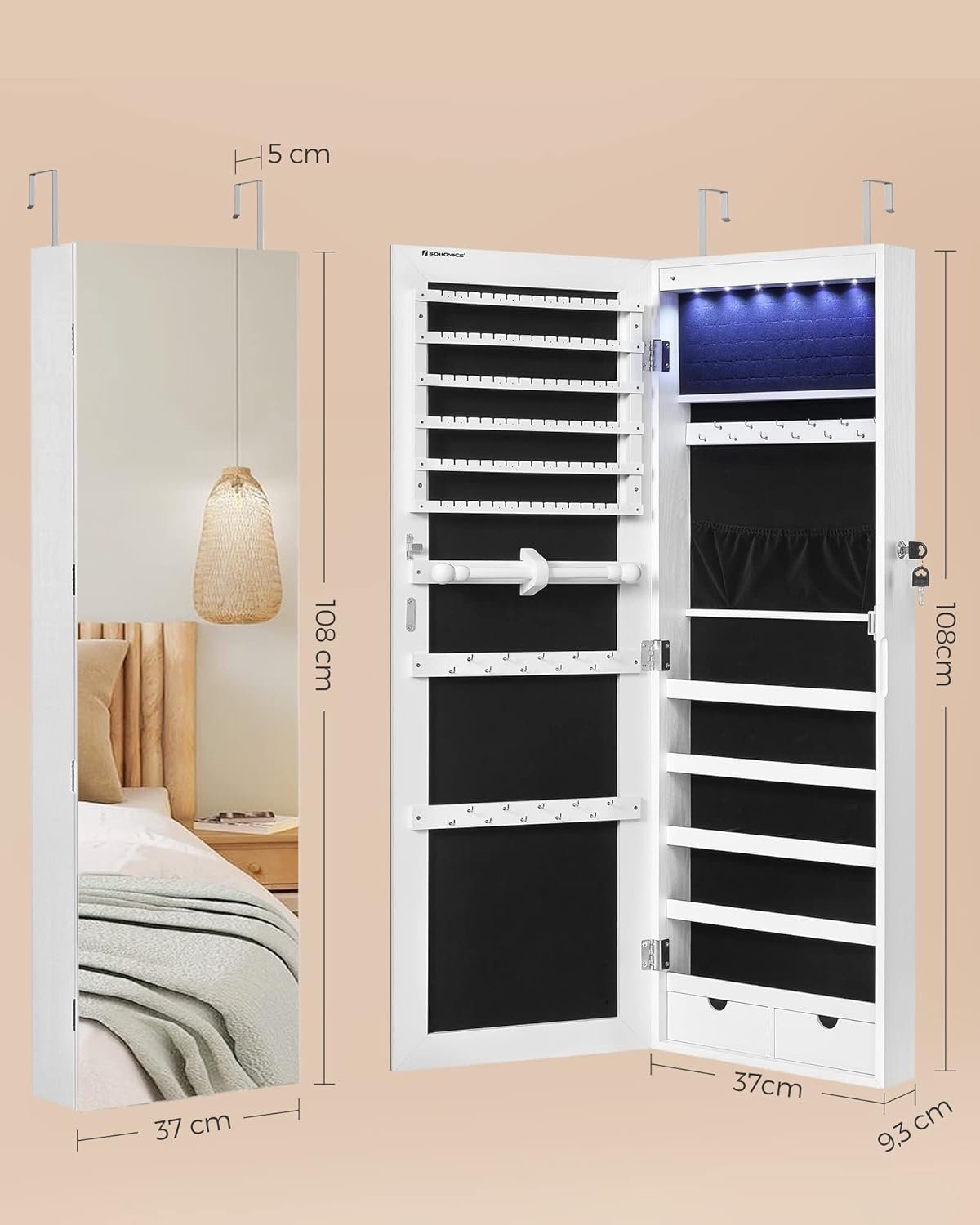 Dulap pentru bijuterii Songmics JJC99WT – oglindă, 6 LED-uri, de perete, alb - imagine 7