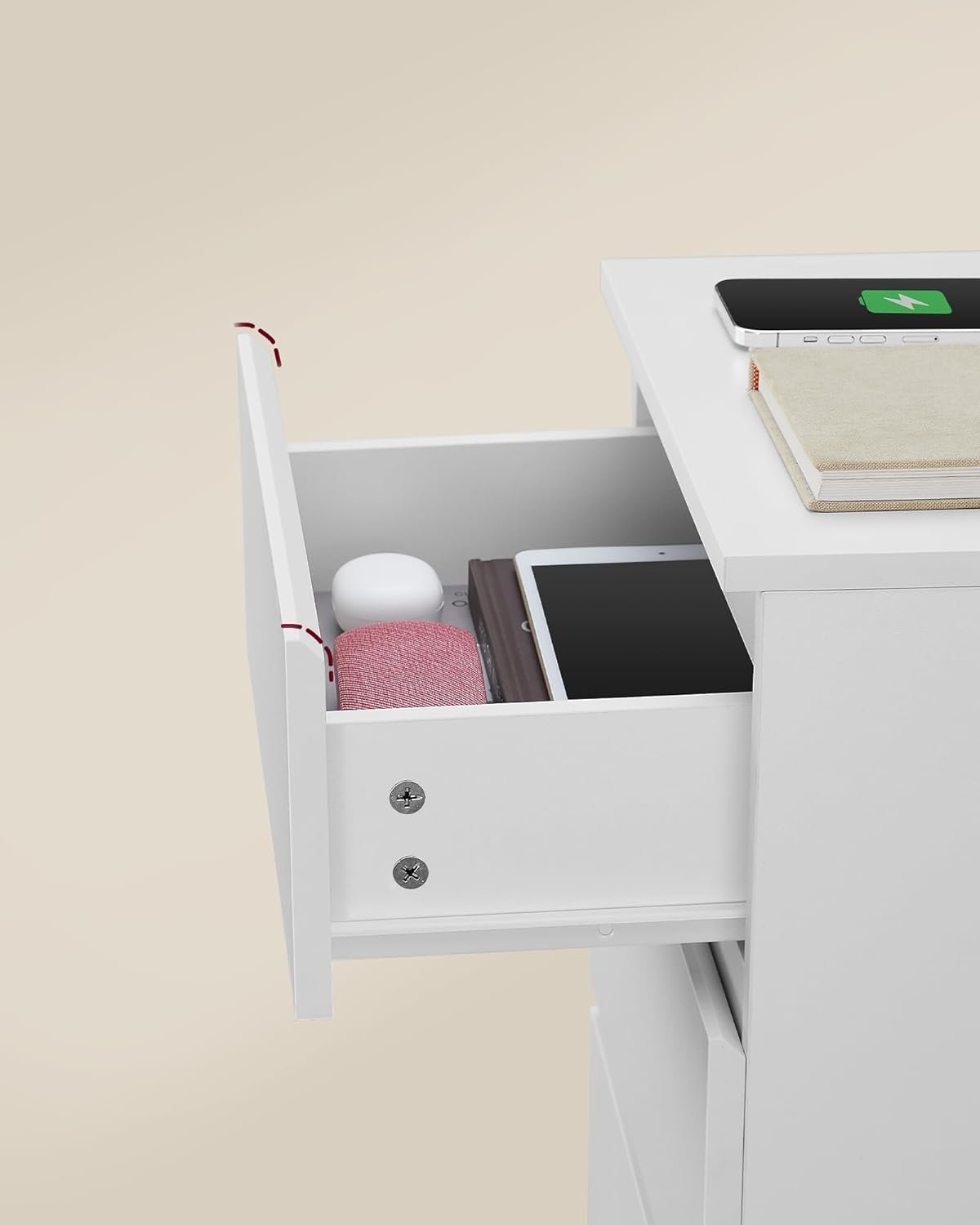 Noptieră Vasagle LET631W14V1 – 3 sertare, 2 prize și 2 porturi USB, albă - imagine 4