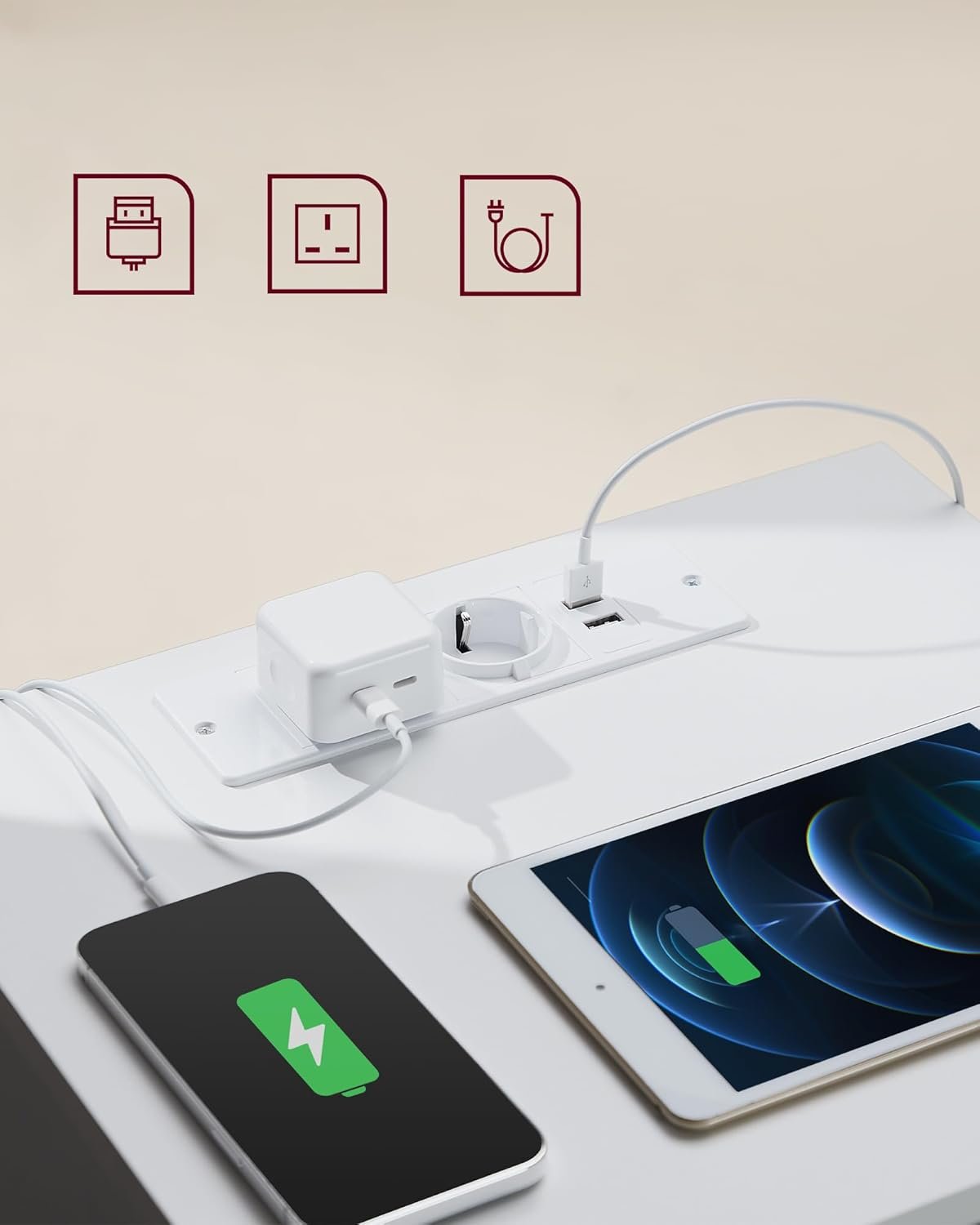 Noptieră Vasagle LET631W14V1 – 3 sertare, 2 prize și 2 porturi USB, albă - imagine 5