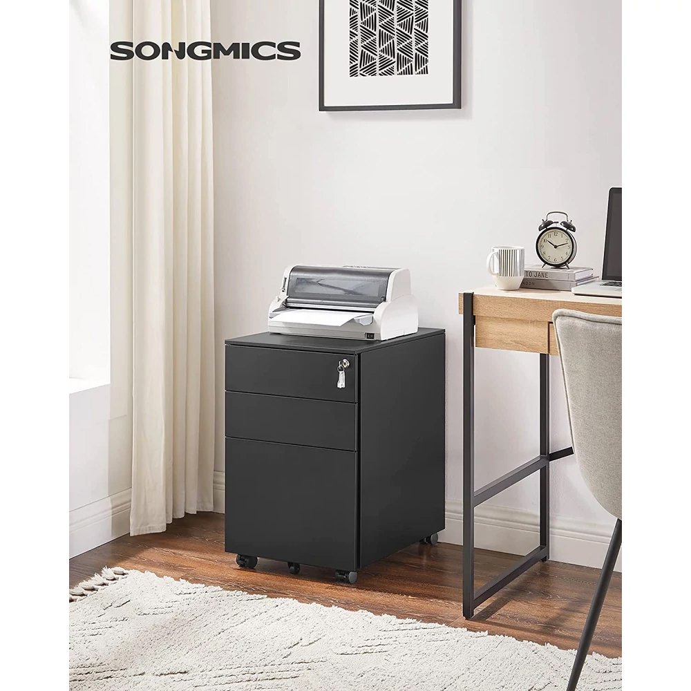 Dulap mobil rollbox Songmics OFC60BK – din oțel, 3 sertare, încuietoare, negru - imagine 5