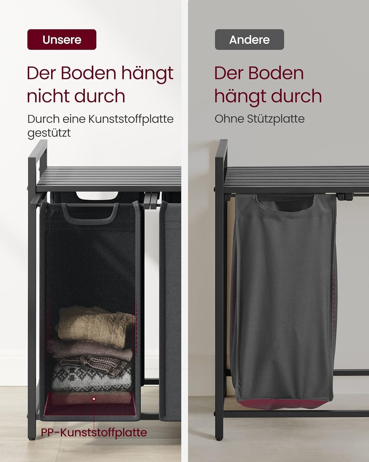 Coș de rufe Vasagle BLH301G01 – 3 compartimente, saci detașabili, raft, negru - imagine 7