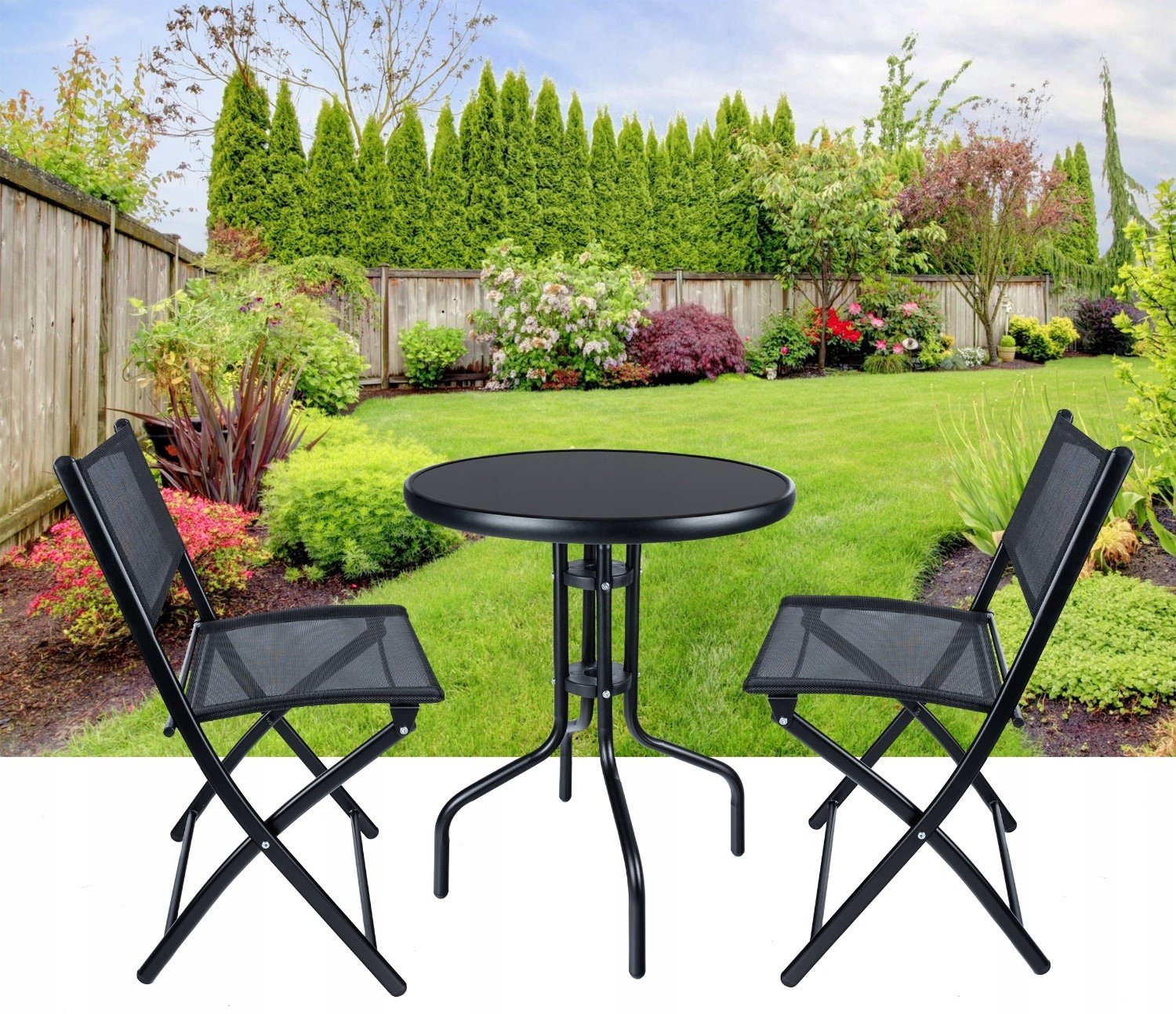 Set mobilier grădină Oneiro GO-O15A – masă cu blat de sticlă și 2 scaune pliabile, negru - imagine 7