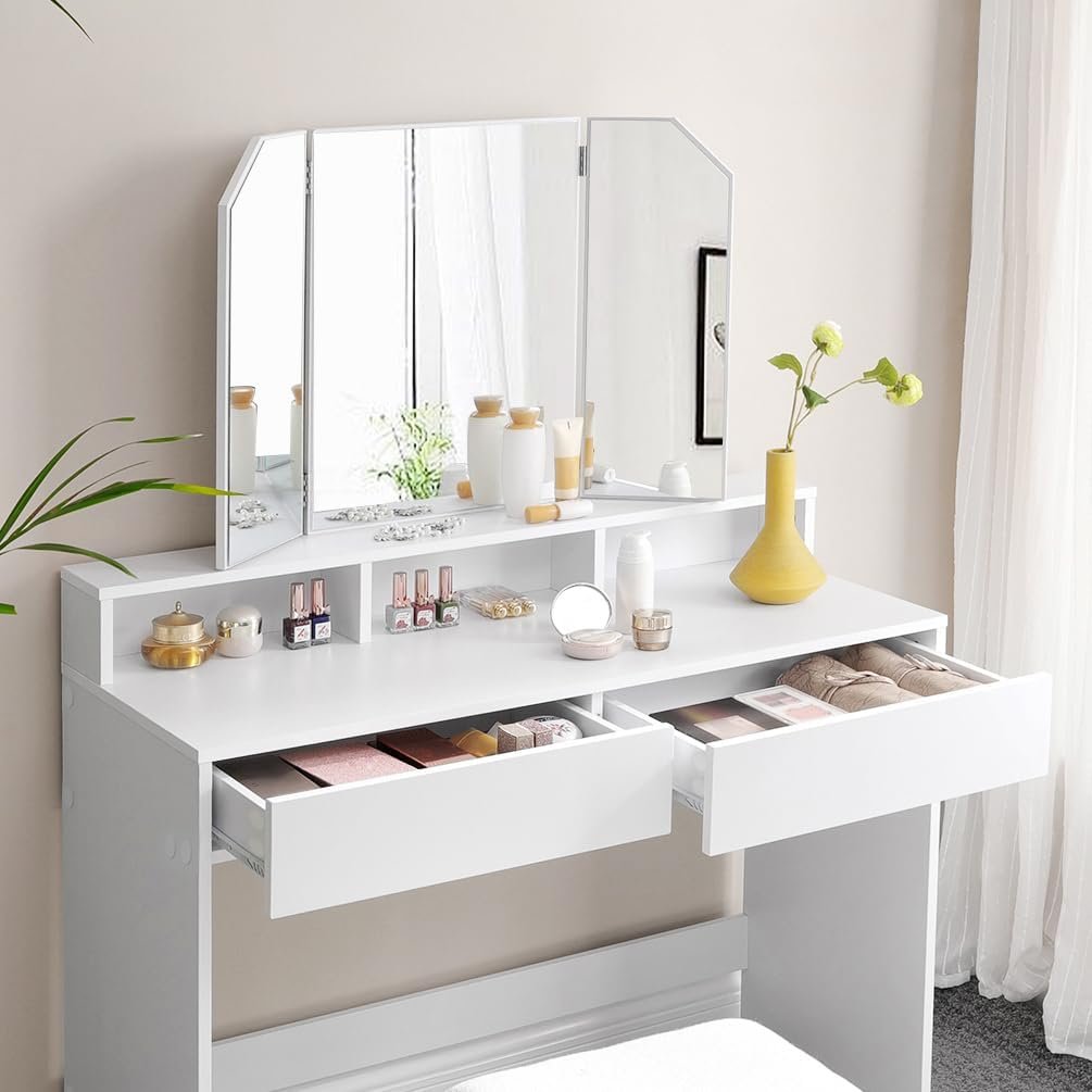 Masă de toaletă Vasagle RDT115W01 – oglindă rabatabilă, 2 sertare, 3 compartimente, albă - imagine 7