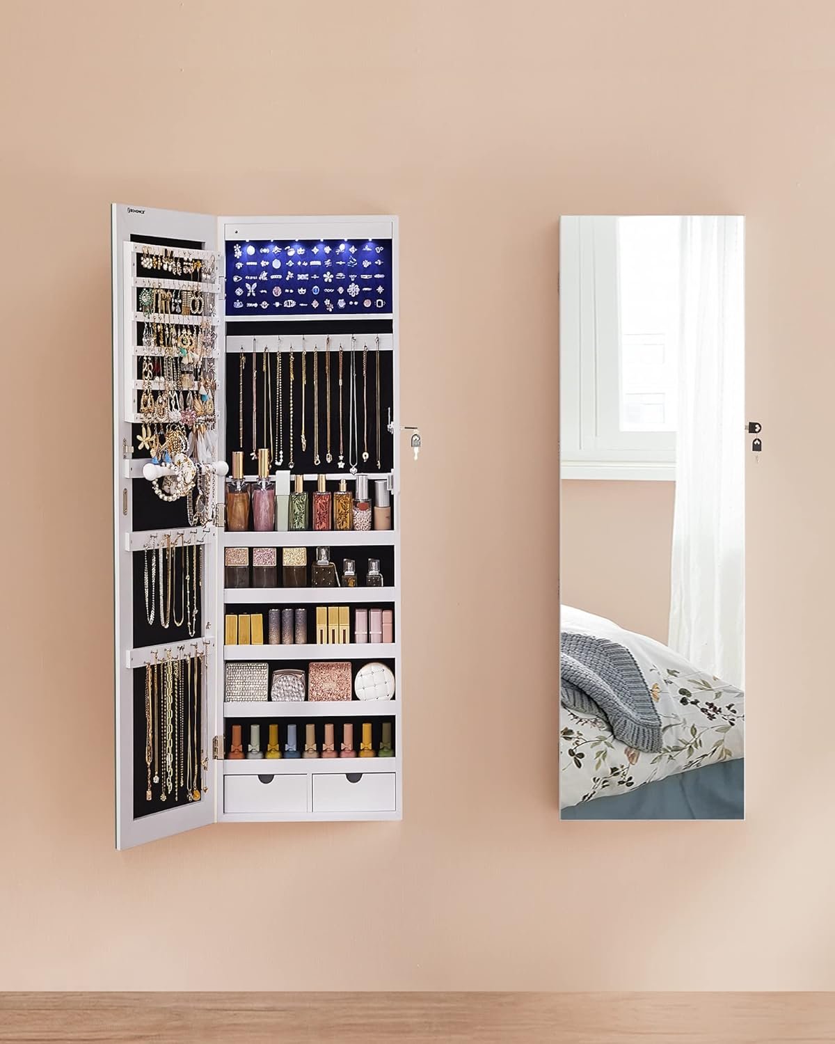 Dulap pentru bijuterii Songmics JJC99WT – oglindă, 6 LED-uri, de perete, alb - imagine 8