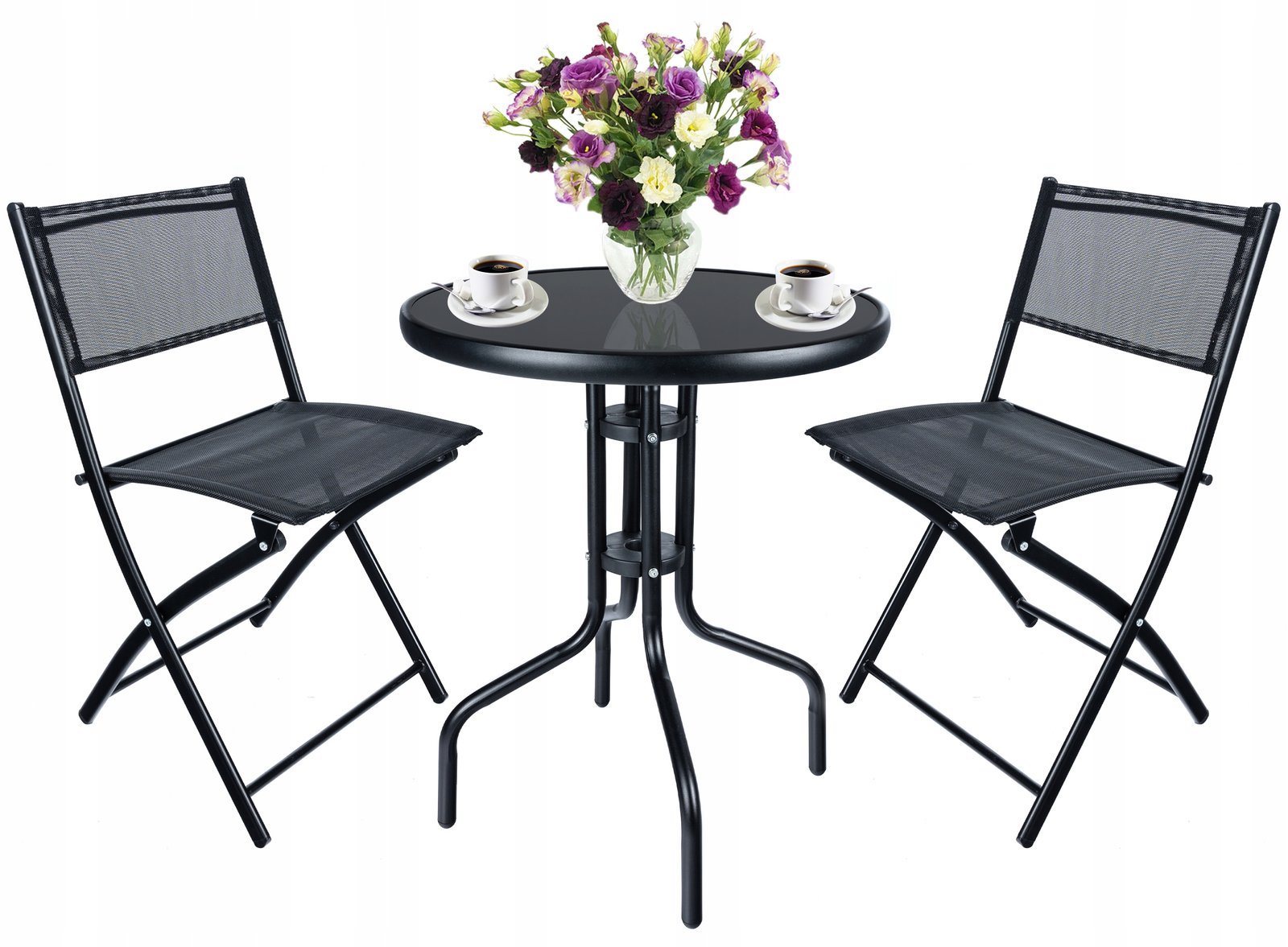 Set mobilier grădină Oneiro GO-O15A – masă cu blat de sticlă și 2 scaune pliabile, negru - imagine 8
