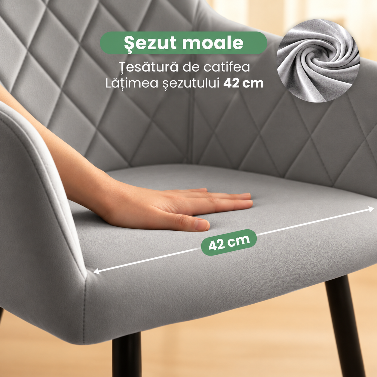 Set 2 scaune dining tapițate Akord Velto – catifea gri, matlasare cu romburi - imagine 5