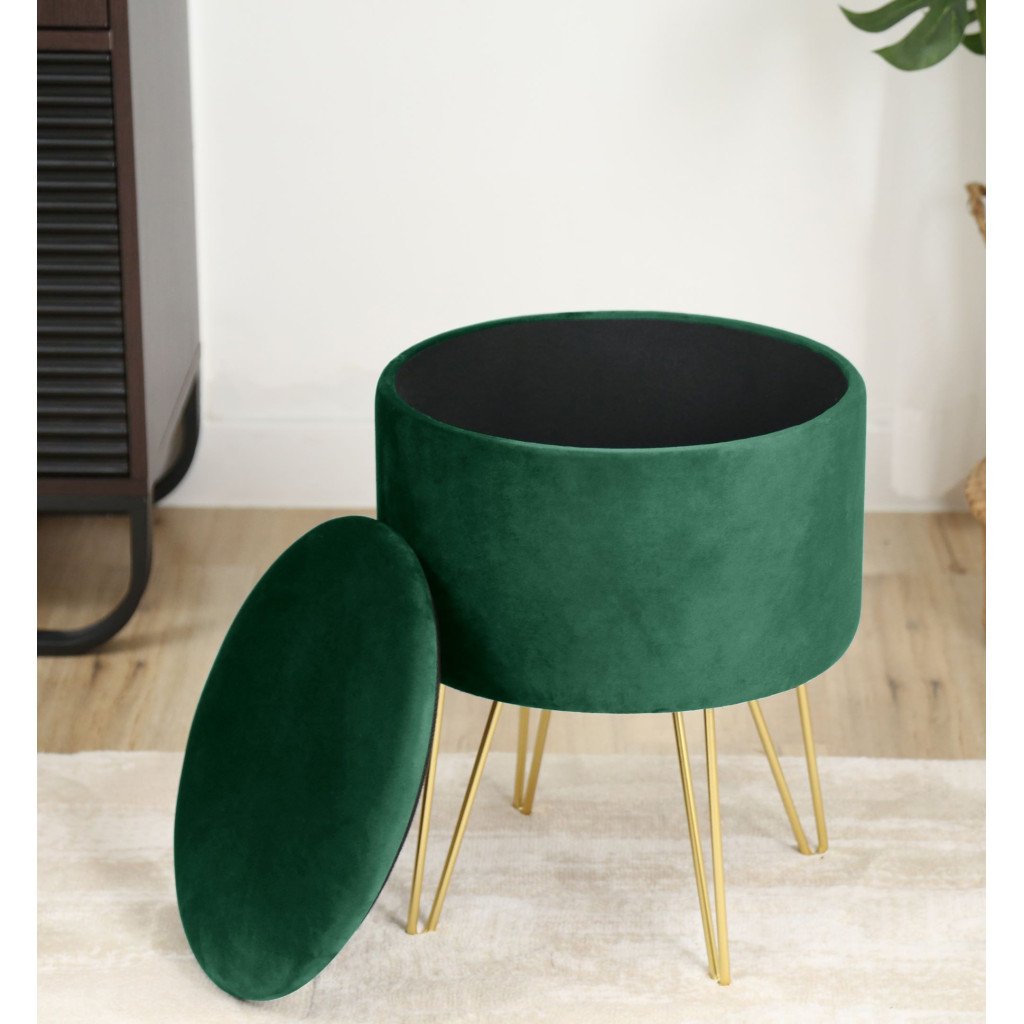Taburet tapițat rotund Lili cu spațiu de depozitare – velur verde, 35 × 45 cm - imagine 3