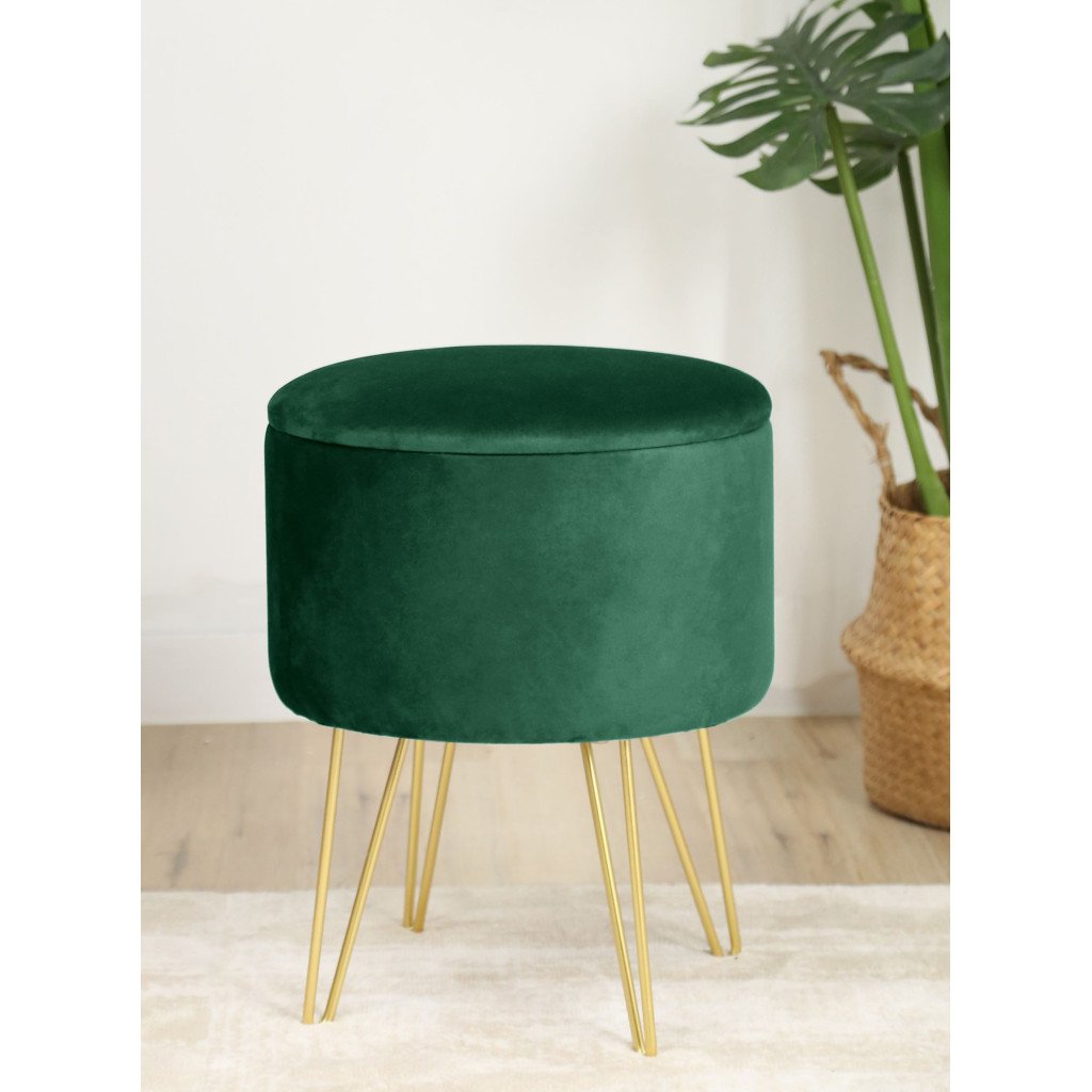 Taburet tapițat rotund Lili cu spațiu de depozitare – velur verde, 35 × 45 cm - imagine 4
