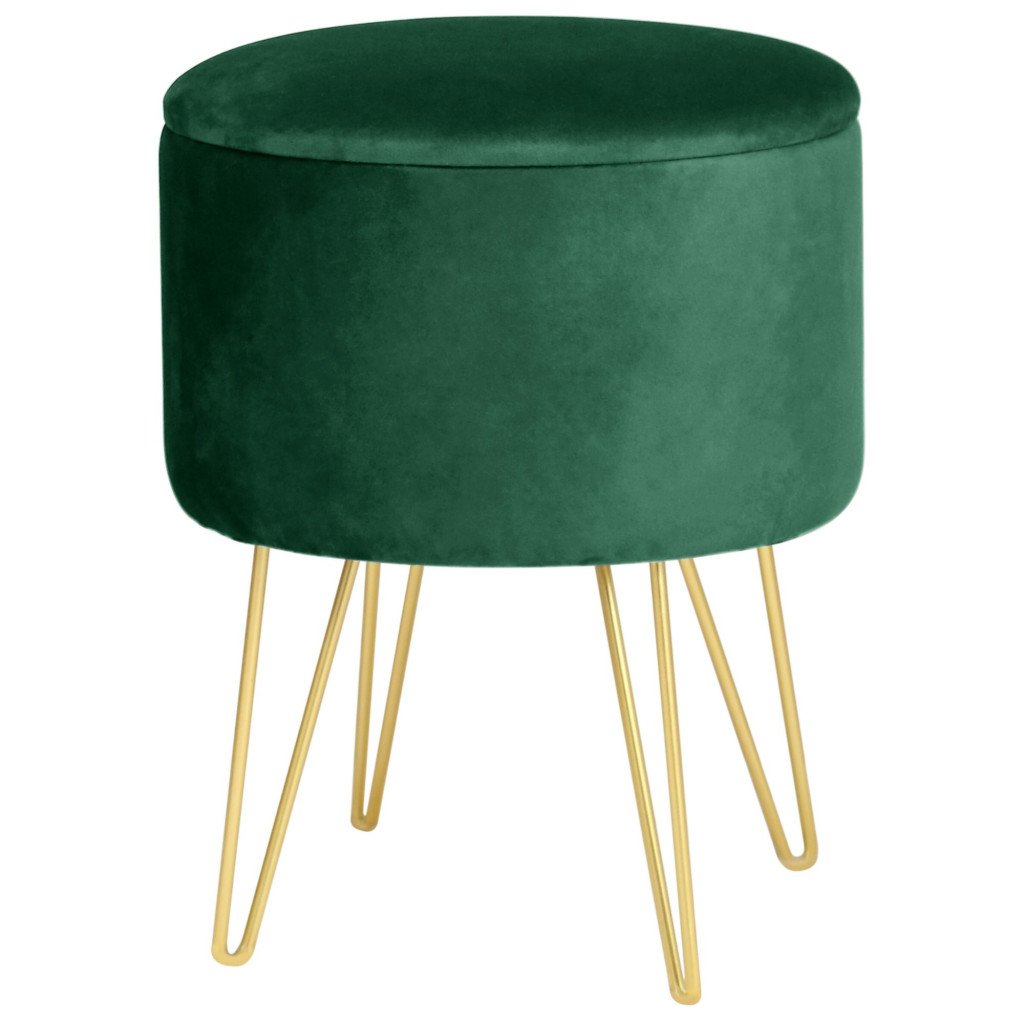 Taburet tapițat rotund Lili cu spațiu de depozitare – velur verde, 35 × 45 cm