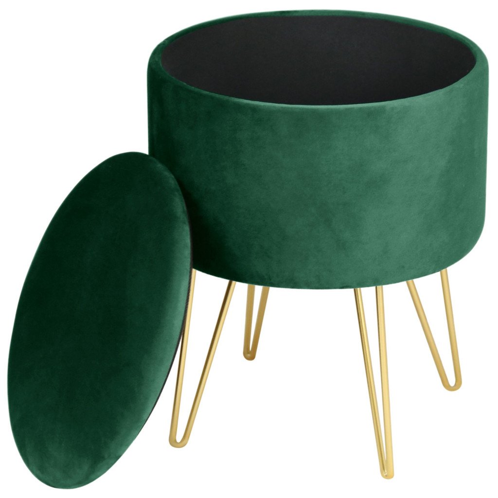 Taburet tapițat rotund Lili cu spațiu de depozitare – velur verde, 35 × 45 cm - imagine 5
