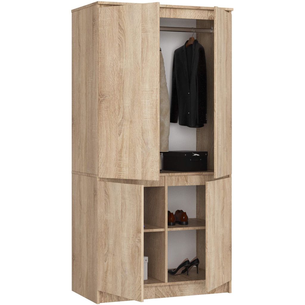 Dulap cu 4 uși S90 – 4 rafturi și bară pentru umerașe, PAL laminat, stejar sonoma - imagine 2