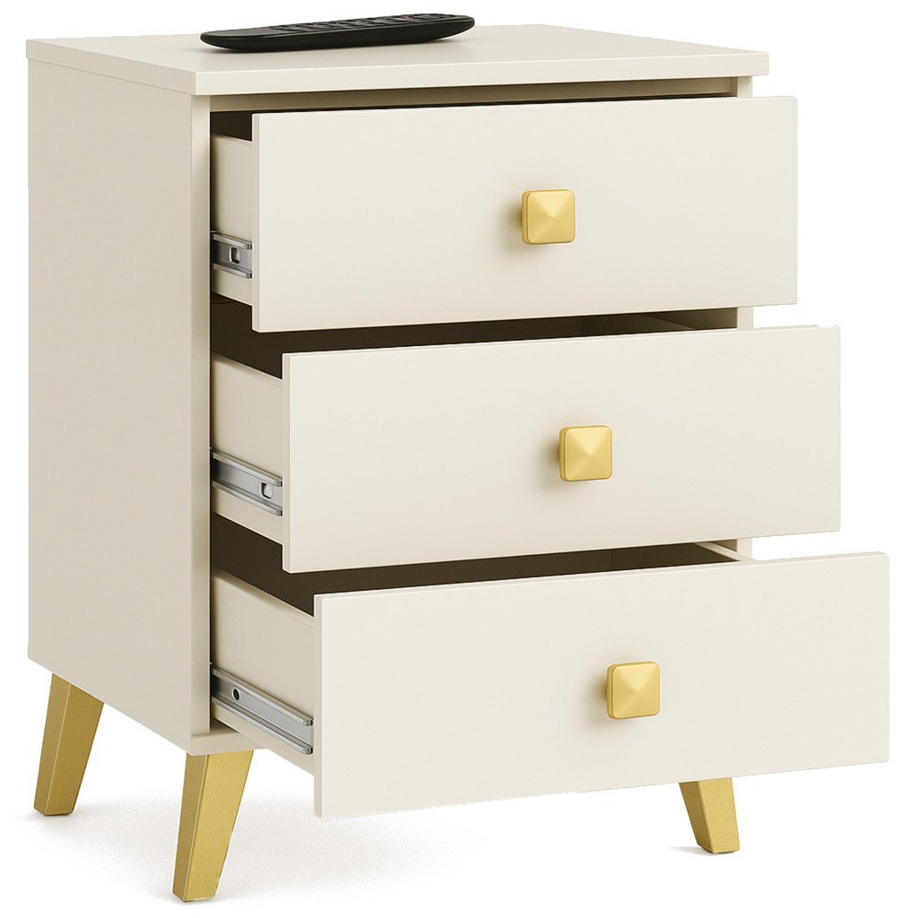 Comodă MOBI K-03 cu 3 sertare – PAL laminat 16 mm, 40 × 37 × 58 cm, cașmir cu detalii aurii - imagine 2