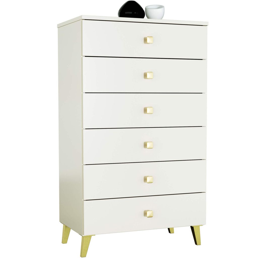 Comodă MOBI K-06 cu 6 sertare, 60x37x104 cm – bej cu detalii aurii