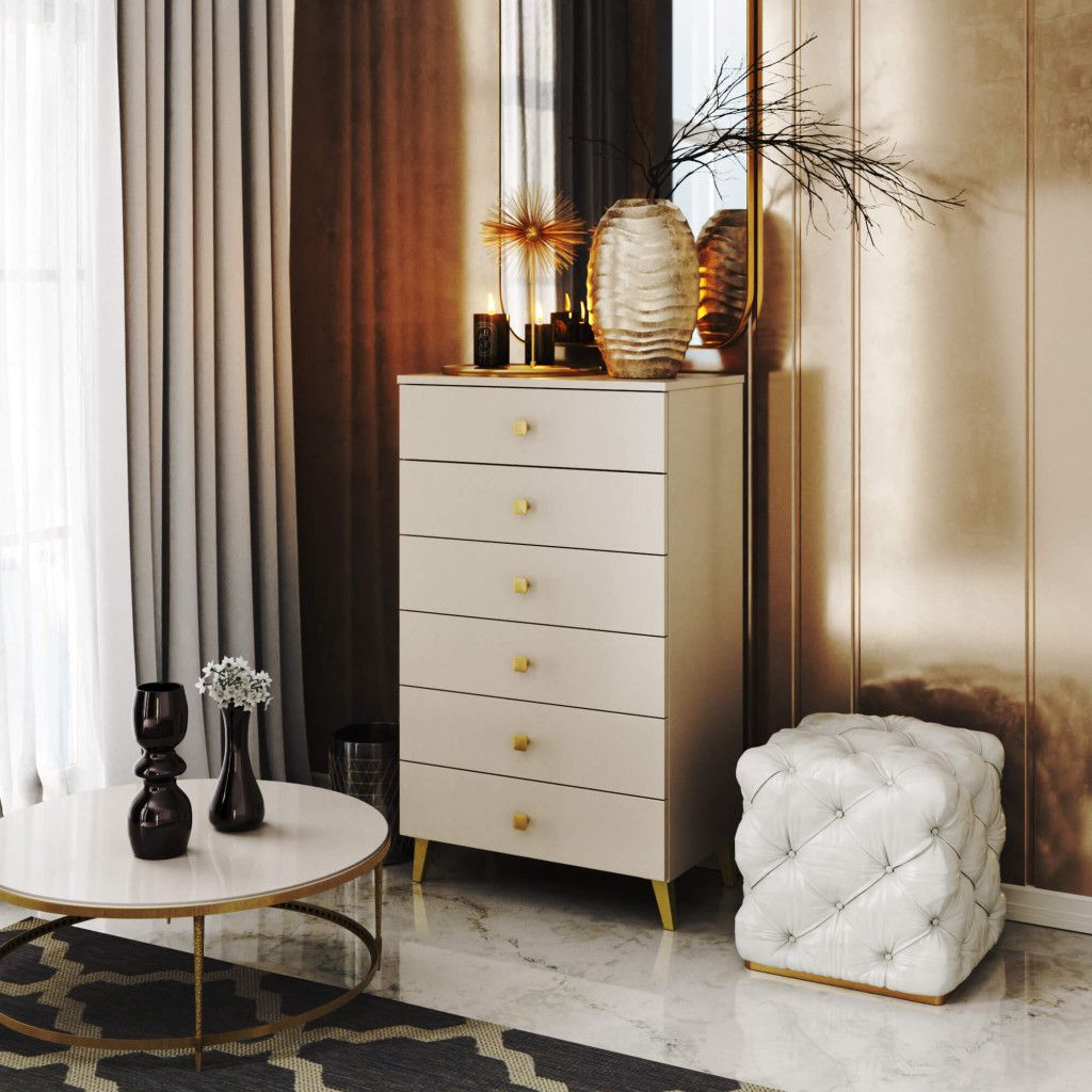 Comodă MOBI K-06 cu 6 sertare, 60x37x104 cm – bej cu detalii aurii - imagine 5