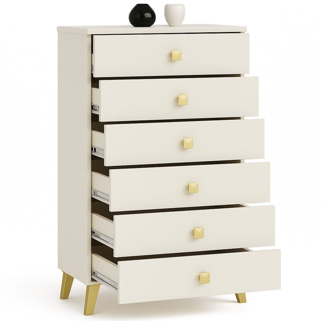 Comodă MOBI K-06 cu 6 sertare, 60x37x104 cm – bej cu detalii aurii - imagine 6