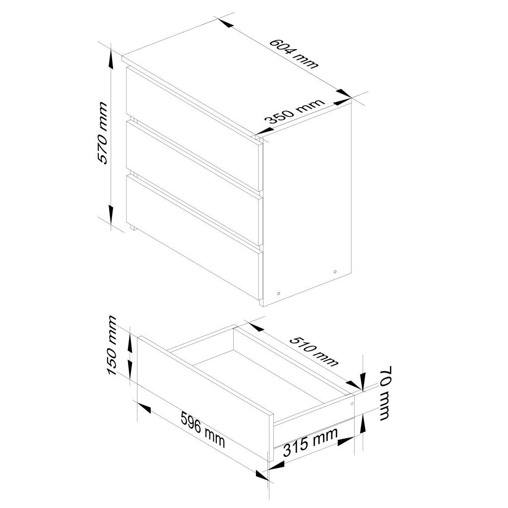 Noptieră CL3 cu 3 sertare – albă, PAL laminat Kronospan, 60 × 35 × 57 cm - imagine 2