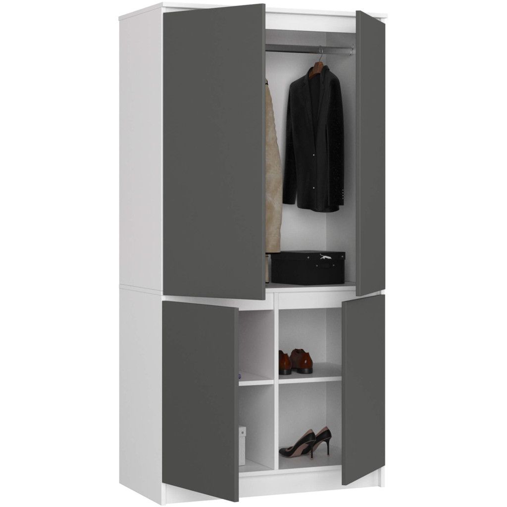 Dulap S90 cu 4 uși și rafturi – bară pentru umerașe, 90 × 51 × 180 cm, alb și gri grafit - imagine 2