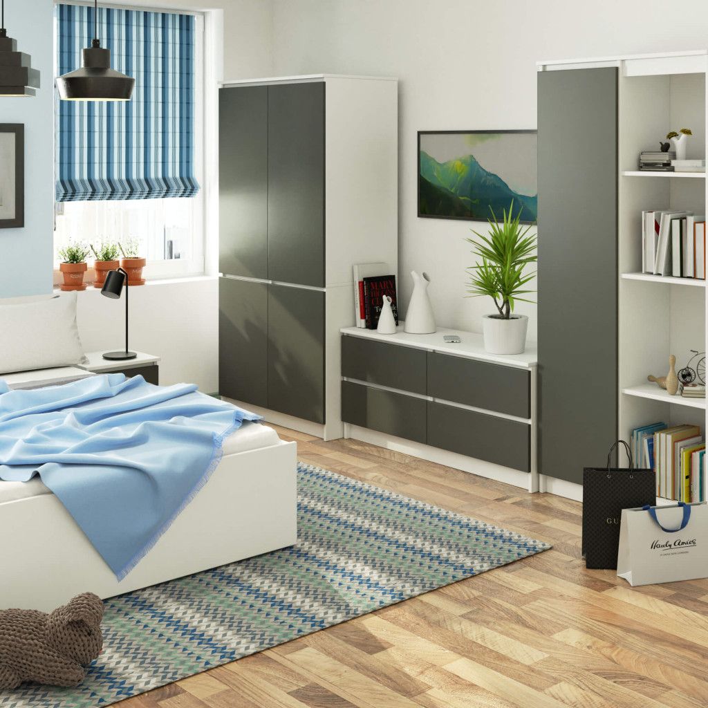Dulap S90 cu 4 uși și rafturi – bară pentru umerașe, 90 × 51 × 180 cm, alb și gri grafit - imagine 4