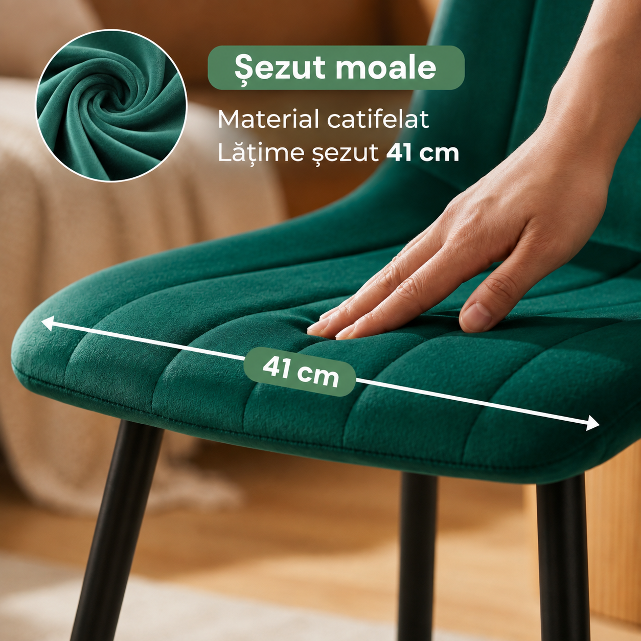 Set 4 scaune dining tapițate Akord Livo – catifea verde, picioare din oțel - imagine 5
