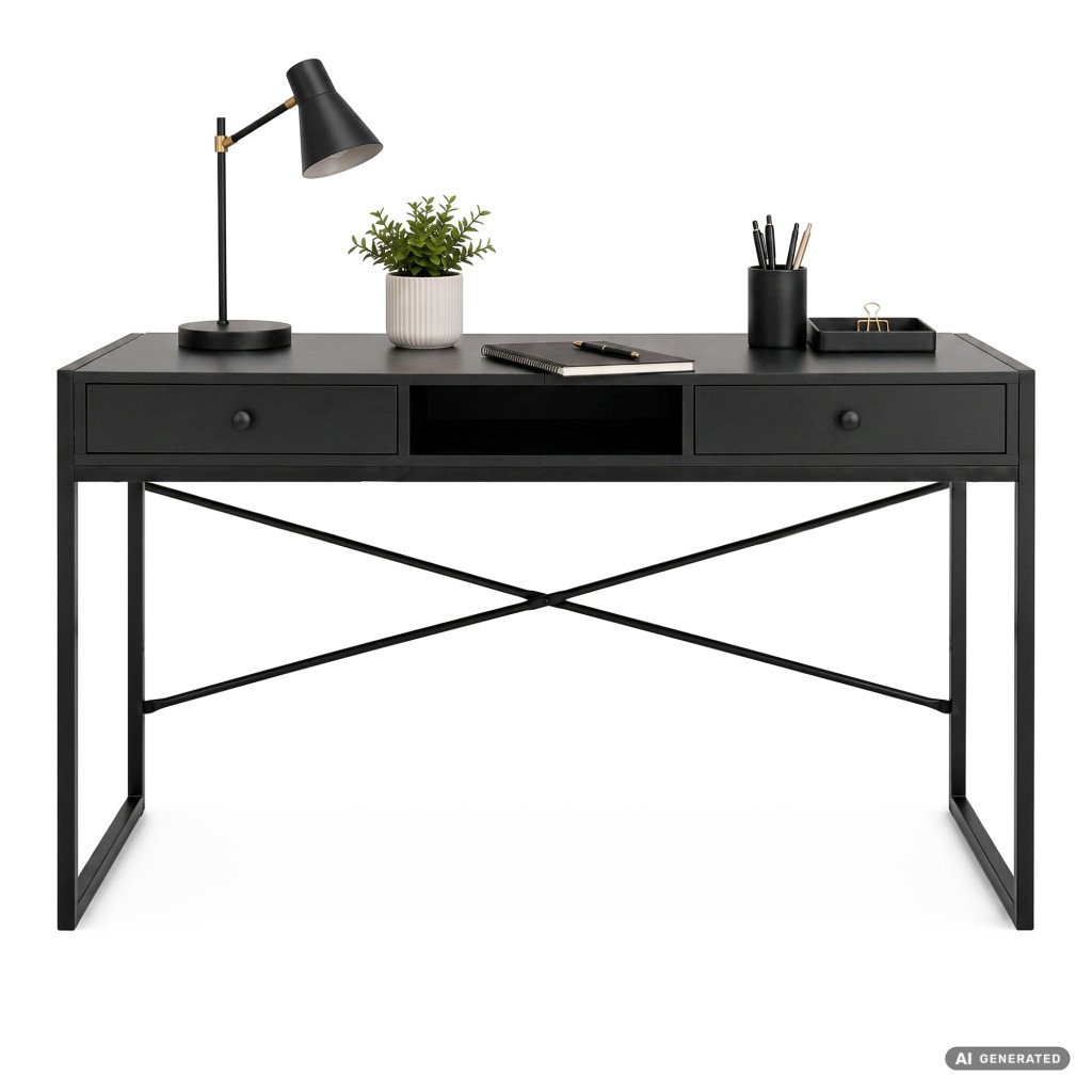 Birou industrial Akord cu 2 sertare și raft, negru, cadru metalic - imagine 2