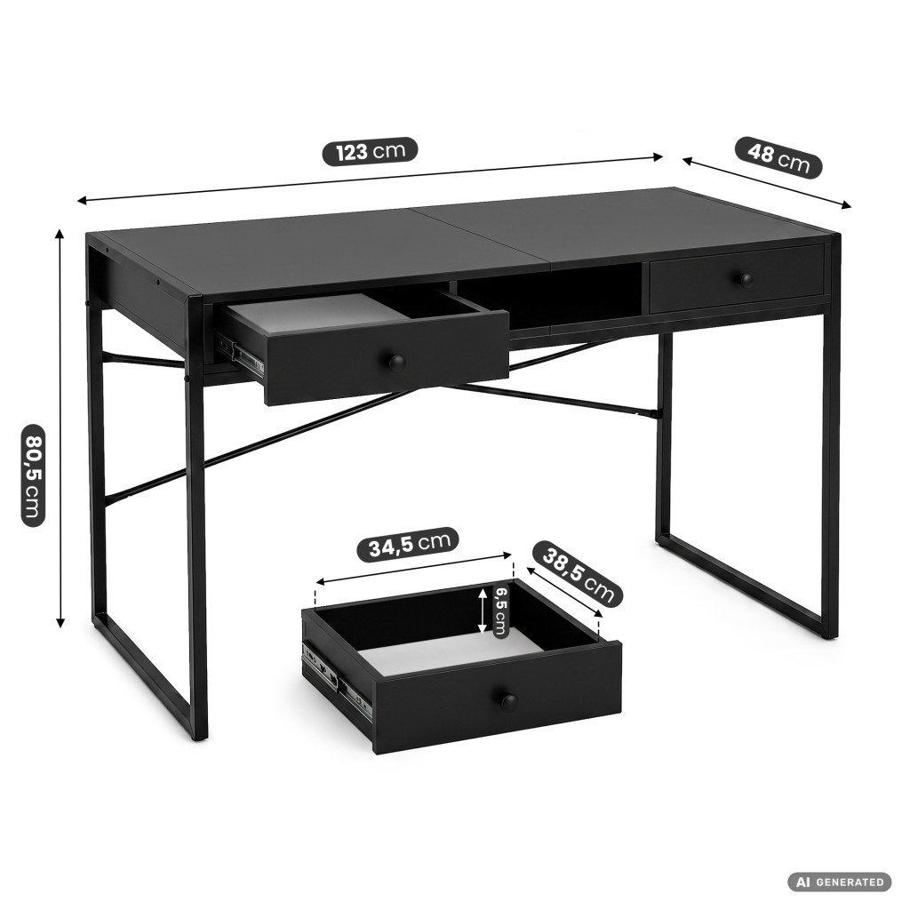 Birou industrial Akord cu 2 sertare și raft, negru, cadru metalic - imagine 3